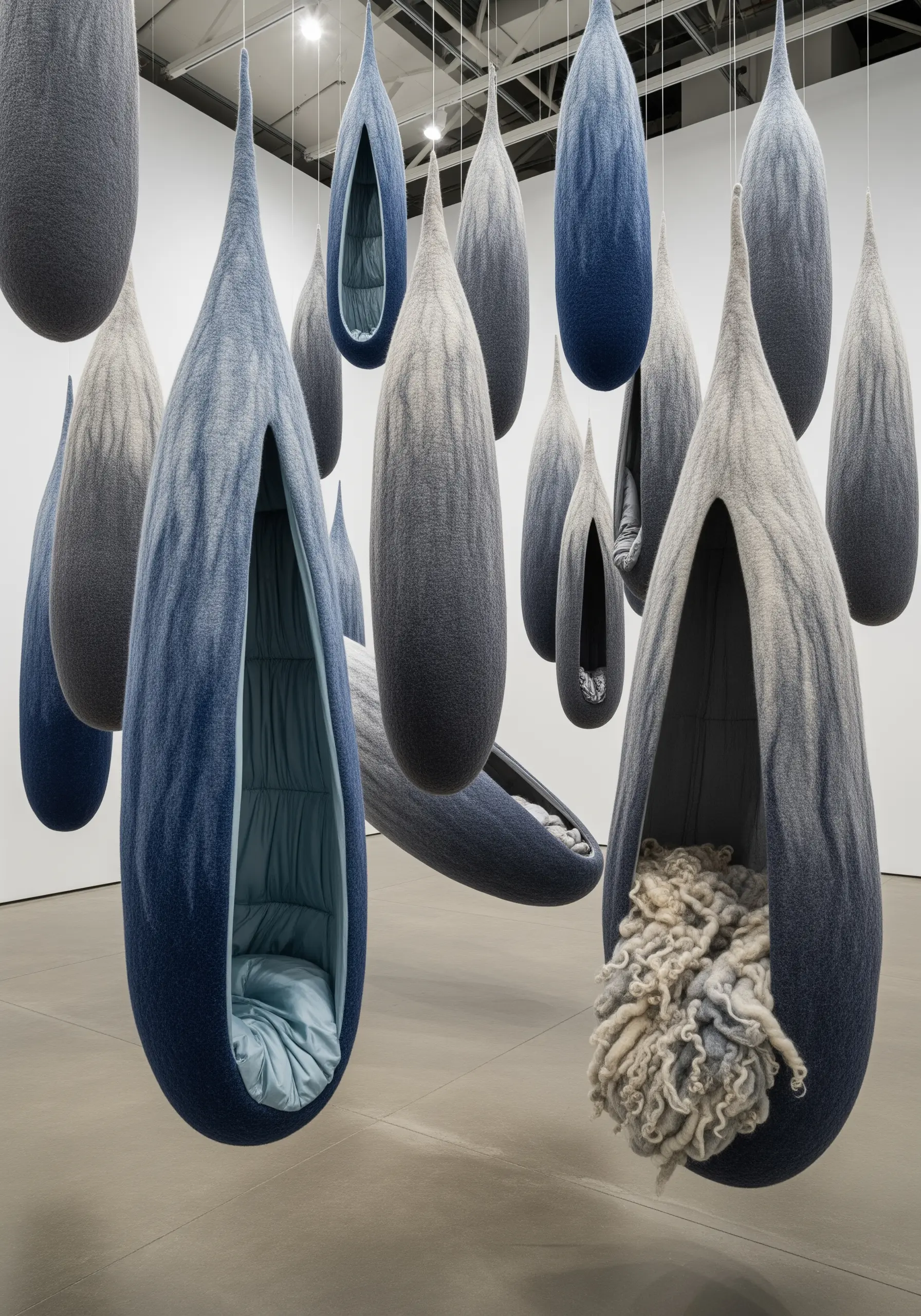 An art installation of large, hanging felted pods with a blue and grey ombre effect.