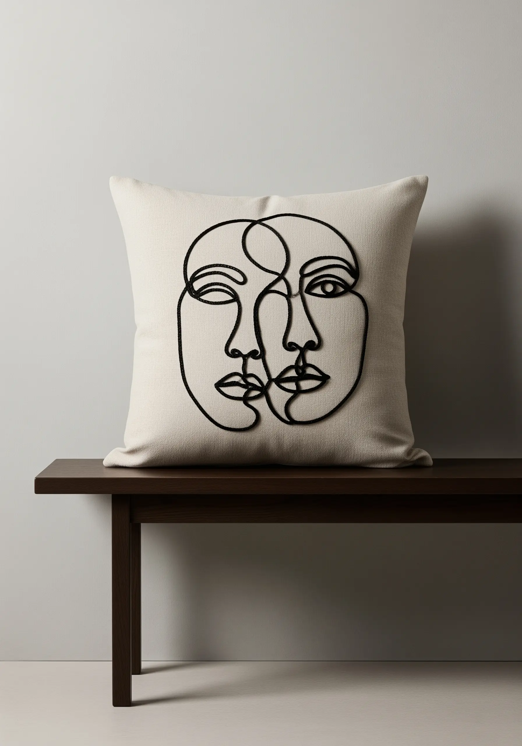 Close-up of black padded cording forming a line-art face on a cream pillow.