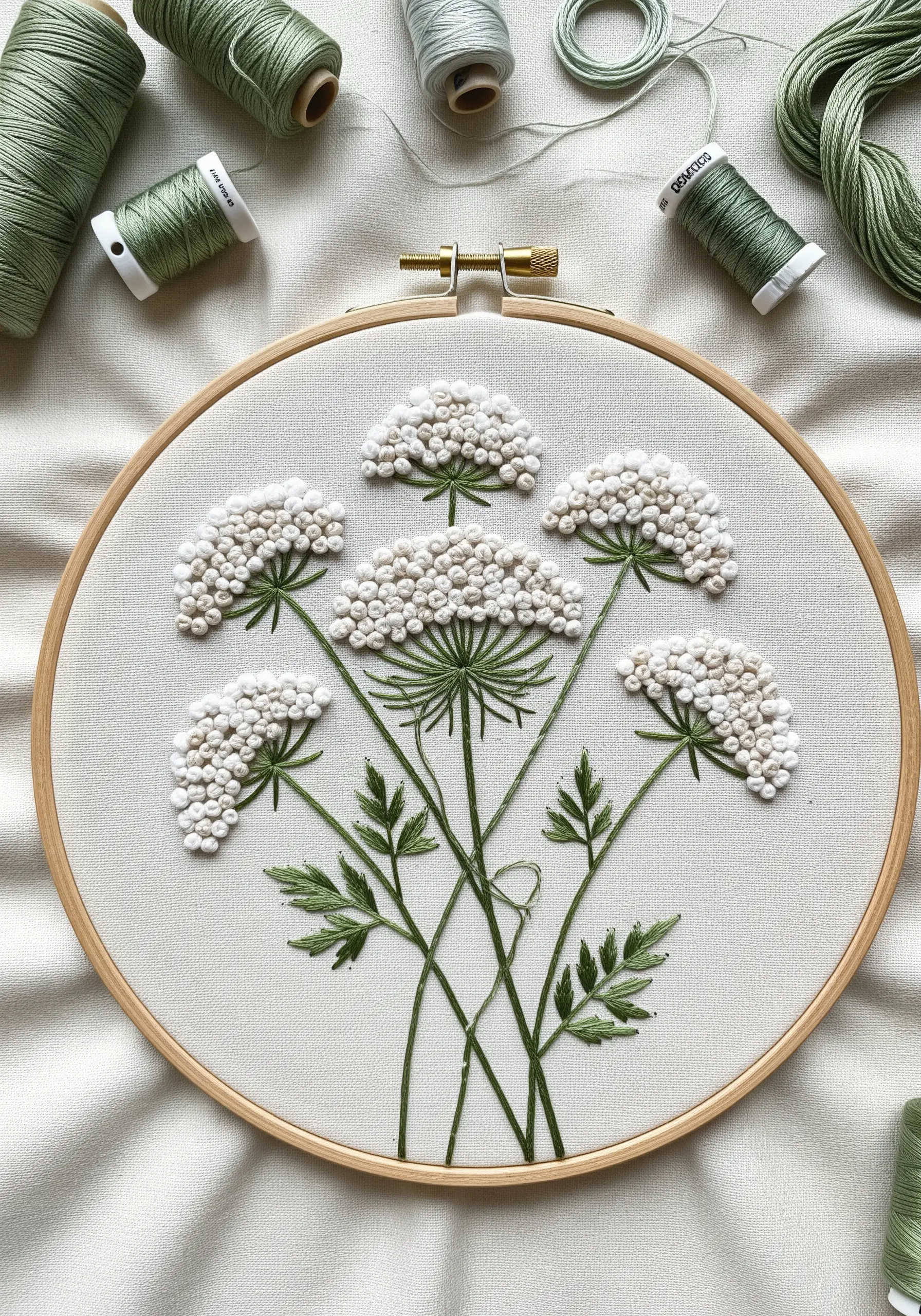Dense white French knots forming Queen Anne's Lace flowers with delicate green stems.