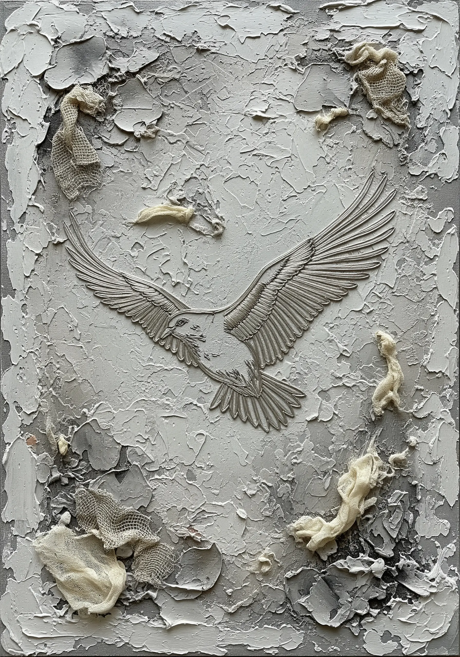 A sculptural art piece with a silver eagle relief on a heavily textured white and grey background.