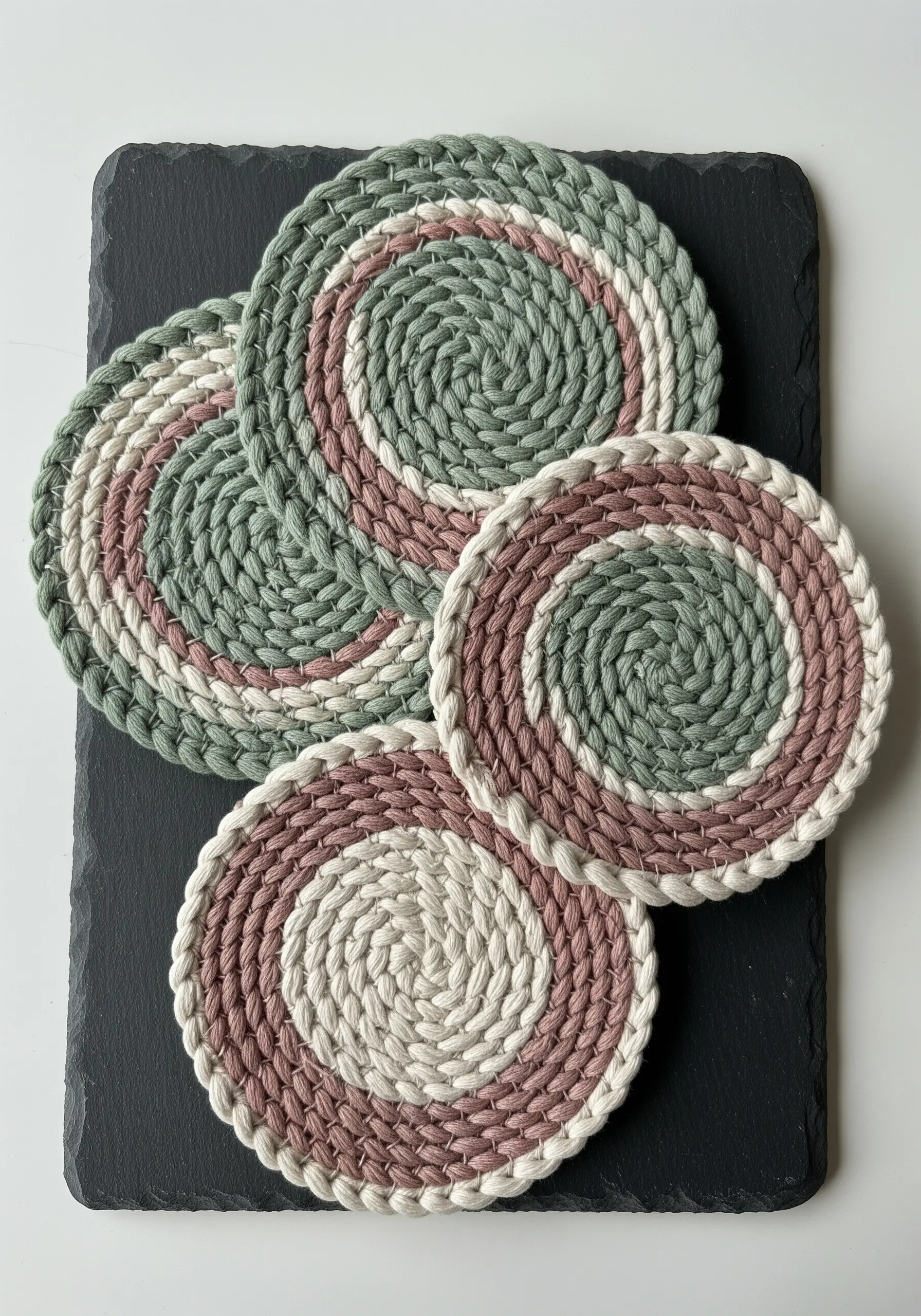Four coiled rope coasters with spiral color blocks in sage, blush, and cream.