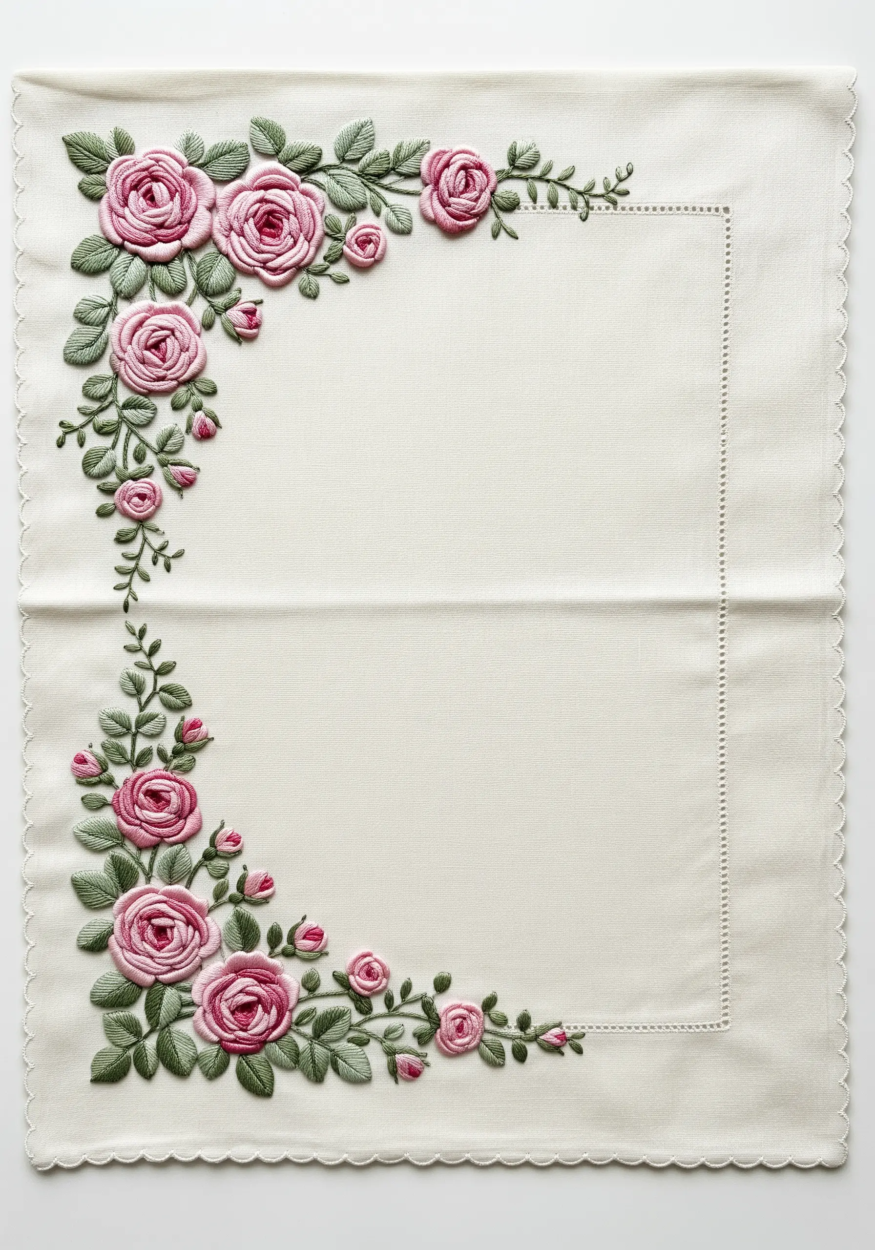 Raised pink satin-stitch roses forming a corner border on a cream placemat.