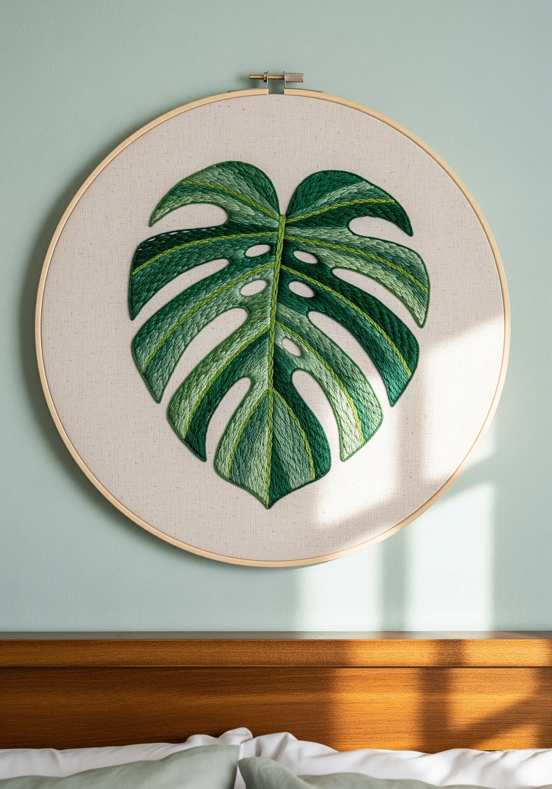 Large monstera leaf embroidered with directional satin stitch in shades of green.