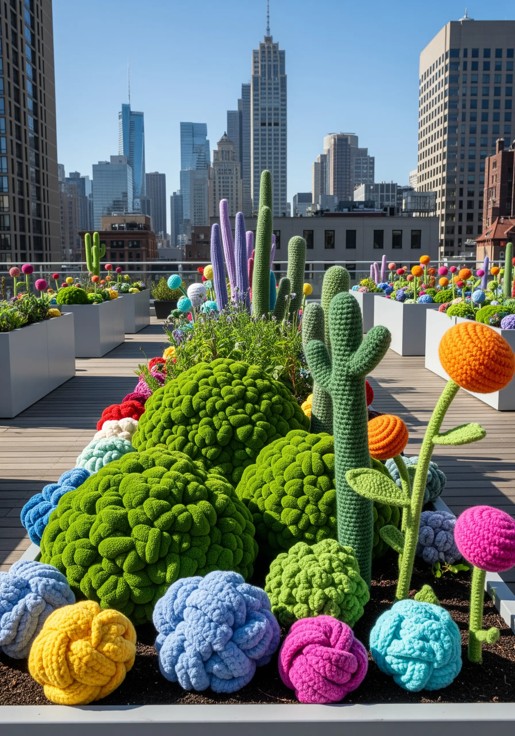 A rooftop garden filled with large, colorful crocheted and knitted cacti and flowers.