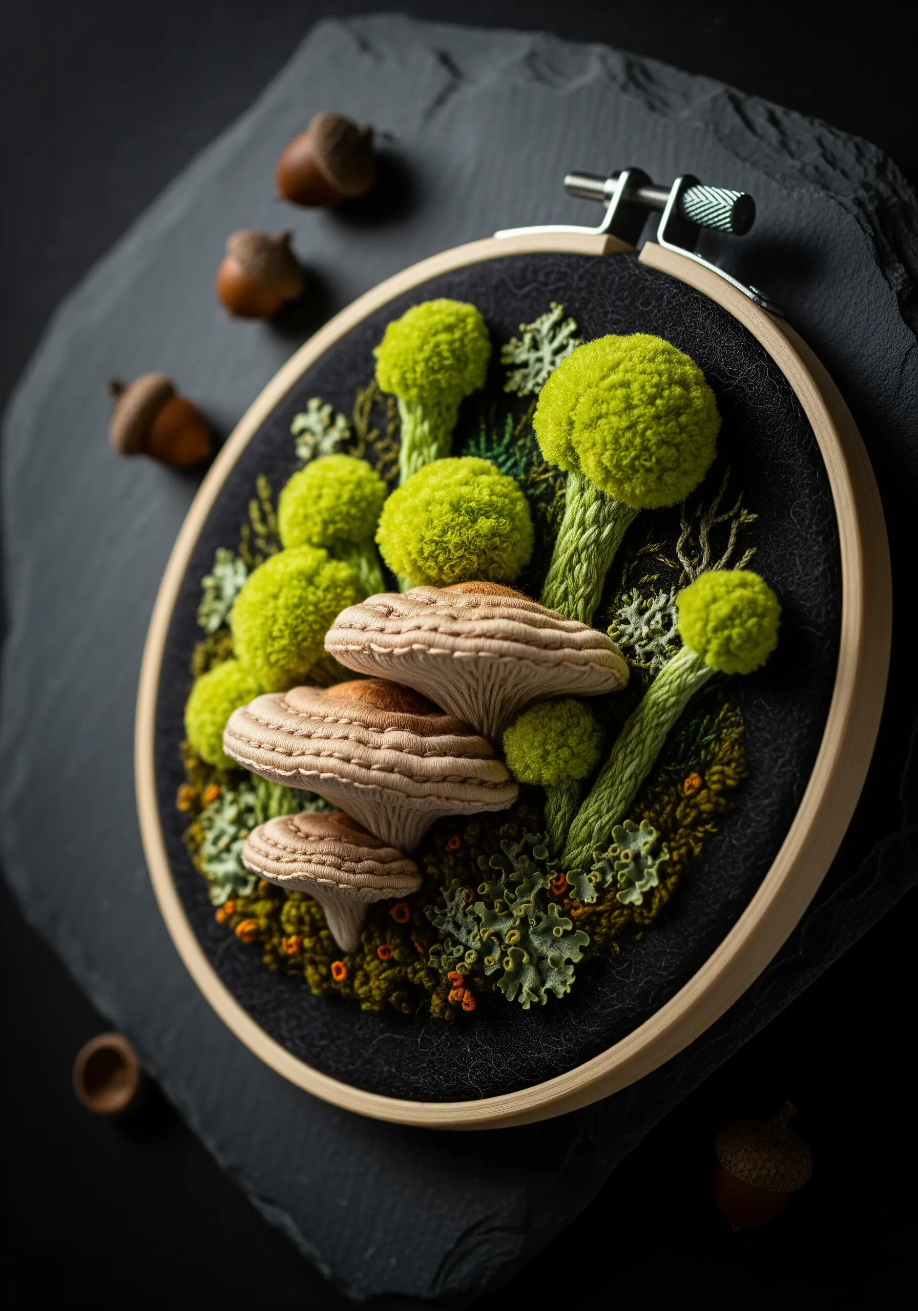 3D stumpwork embroidery of shelf fungi and moss on a black background.