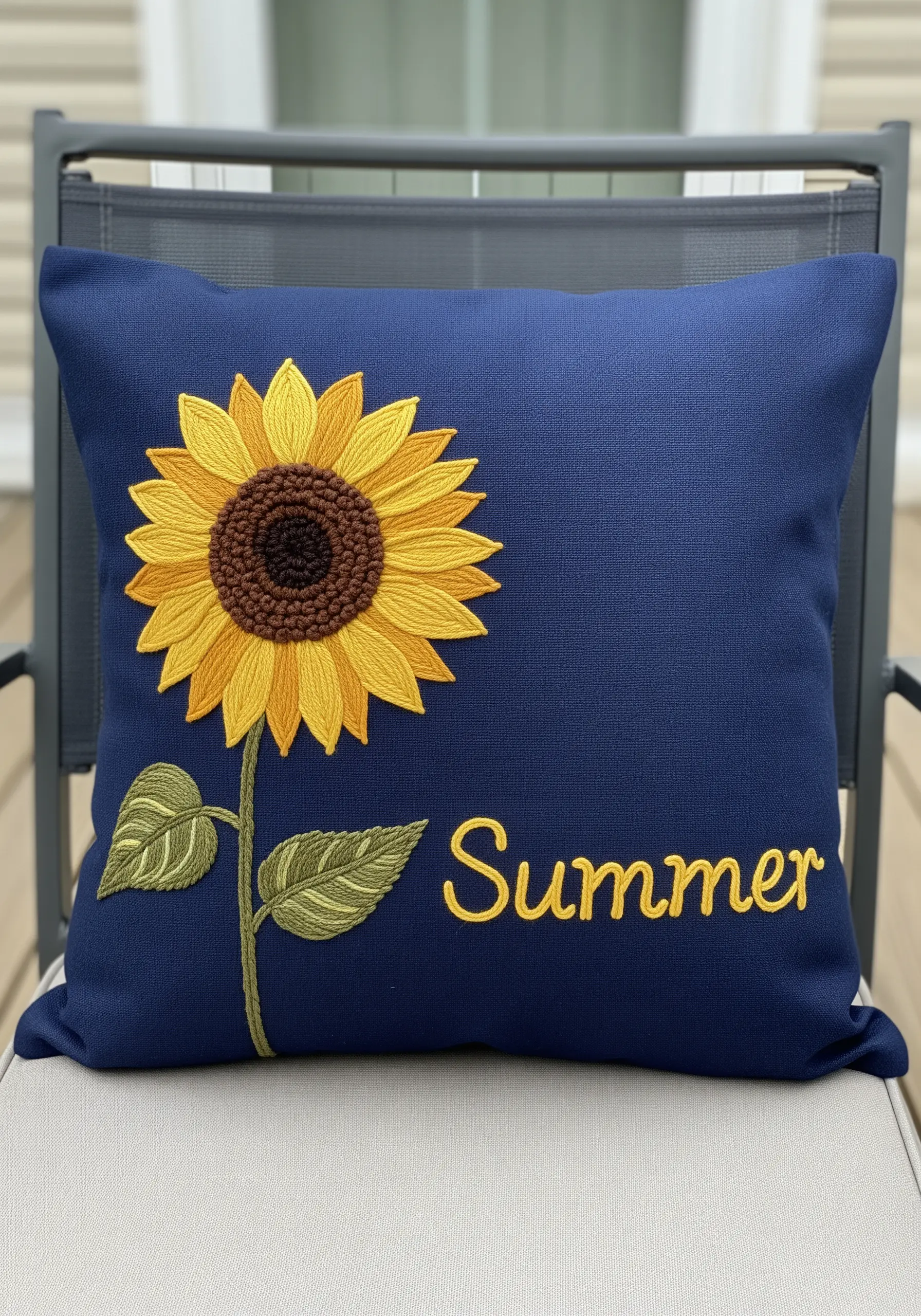 A large, 3D embroidered sunflower with a textured center on a navy pillow.