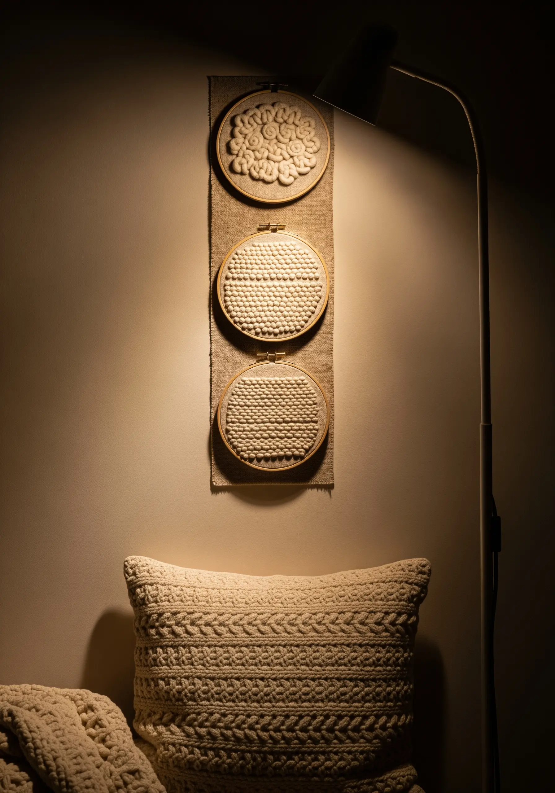 Three hoops with chunky off-white yarn textures, including French knots and loops.