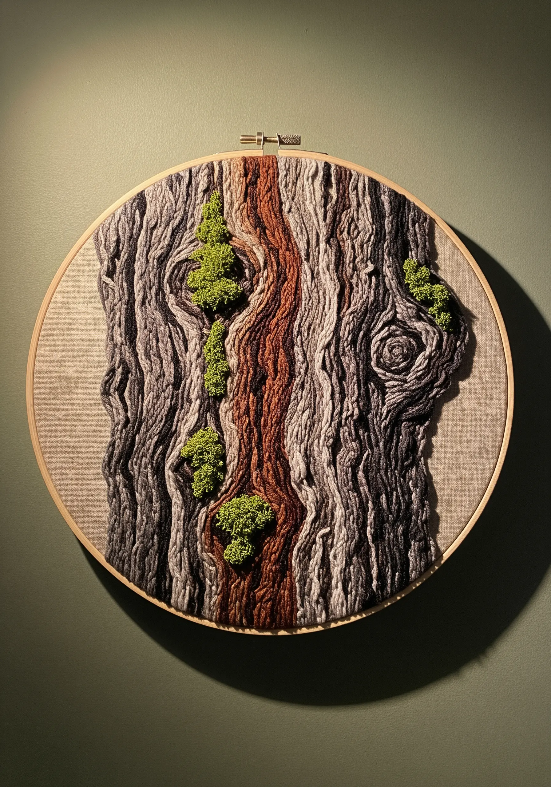 Close-up of embroidered tree bark texture with yarn and French knot moss.
