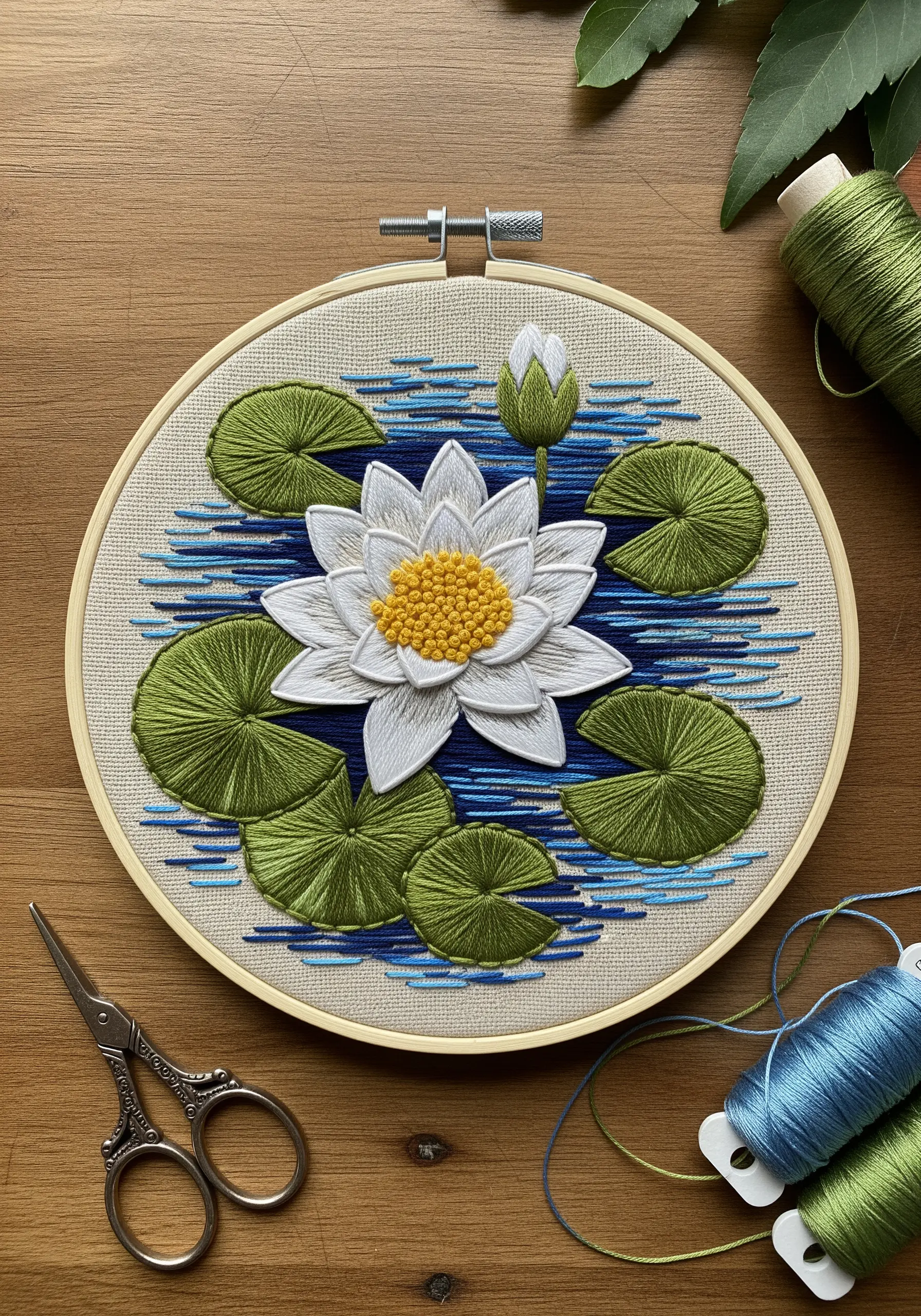 Dimensional white water lily embroidery with layered petals and a French knot center.