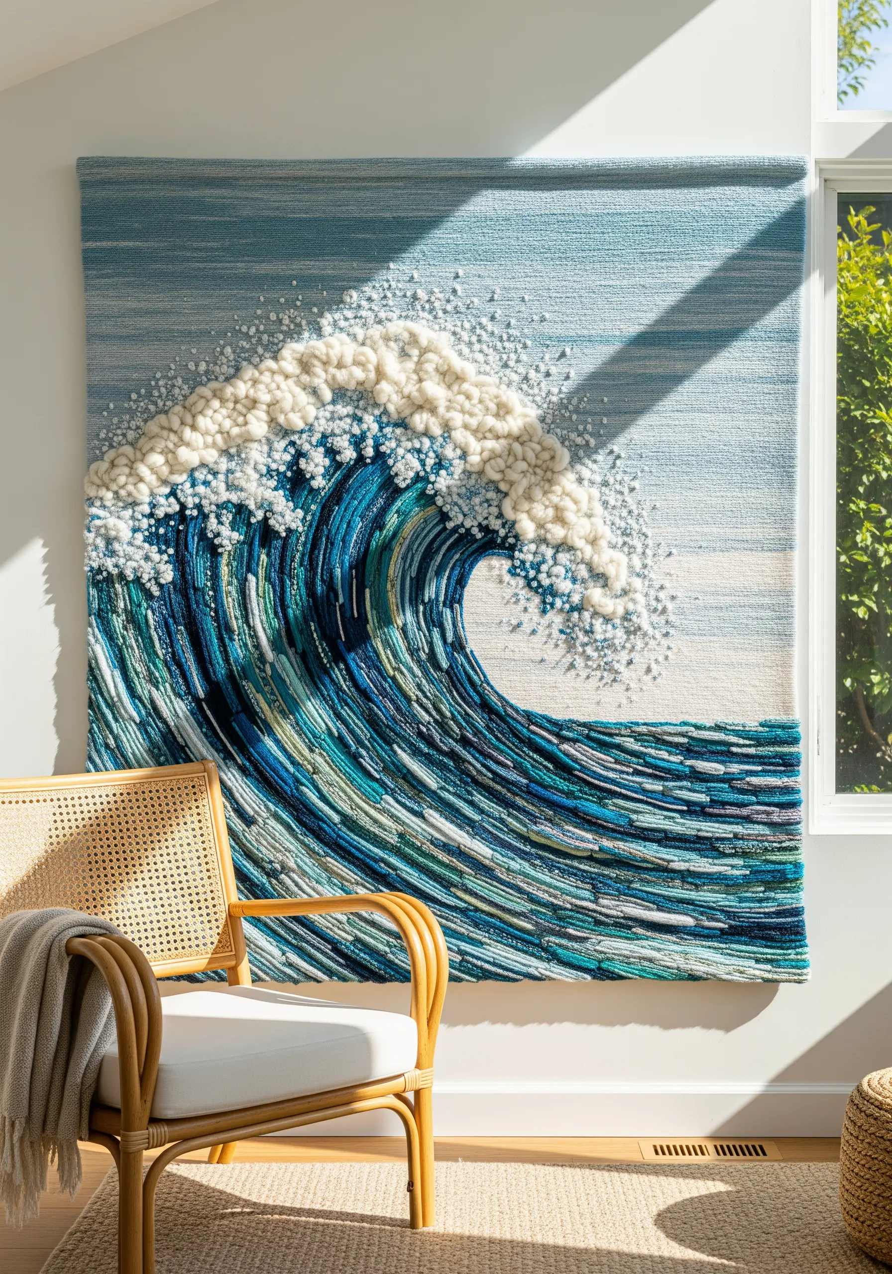Large woven and embroidered wave tapestry with highly textured sea foam.
