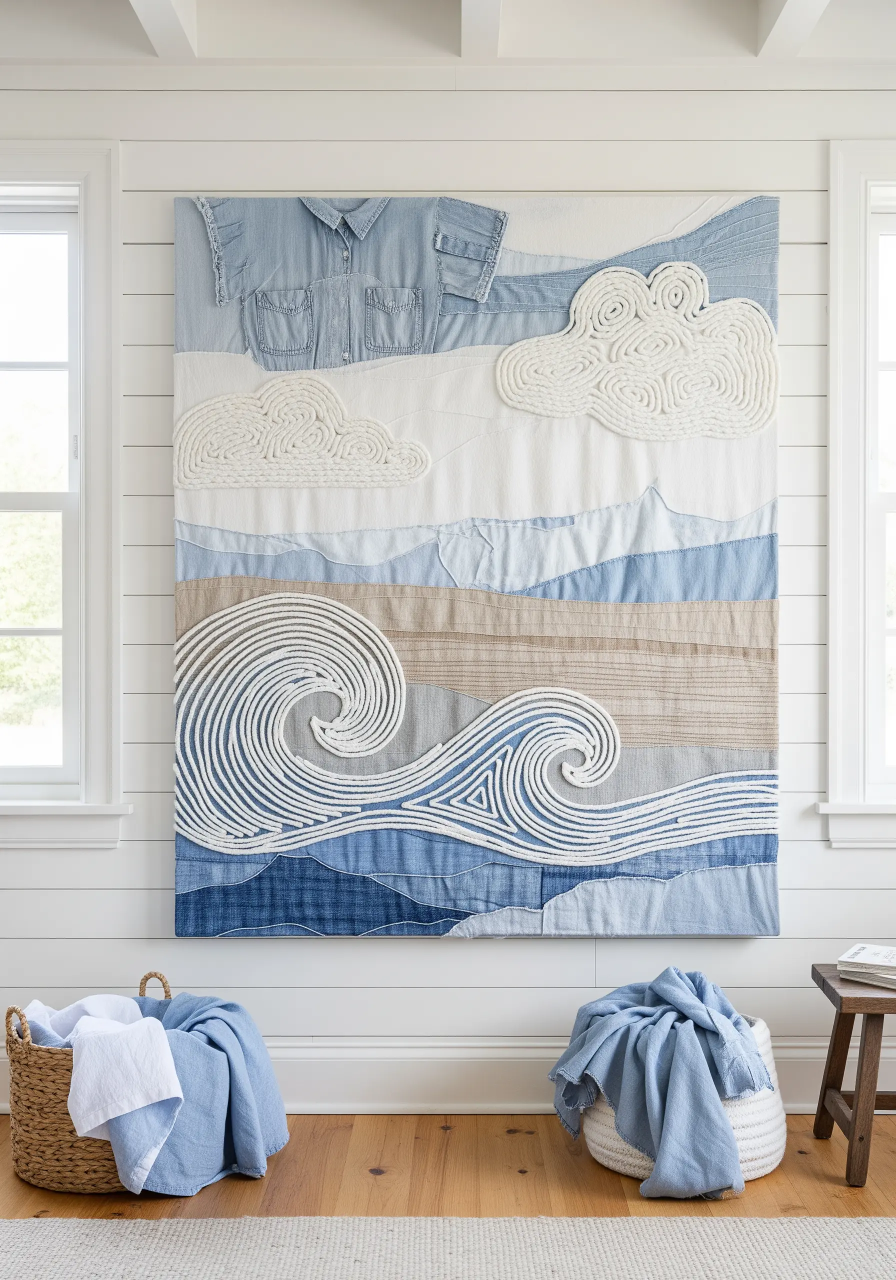 Large textile wall art of a seascape using recycled shirts and coiled white rope for waves.