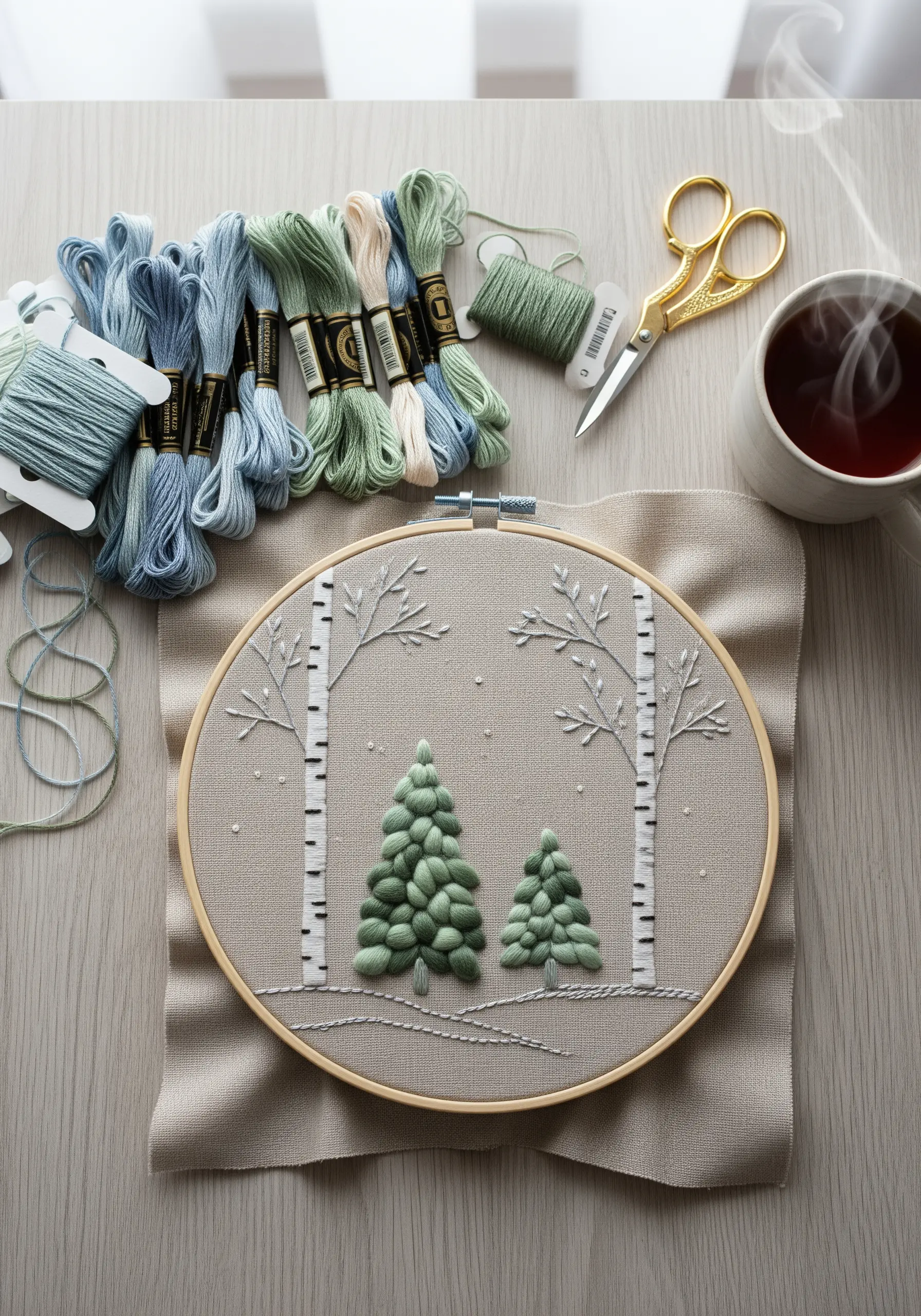 Embroidery hoop art of a winter scene with textured pine trees and birch trees.