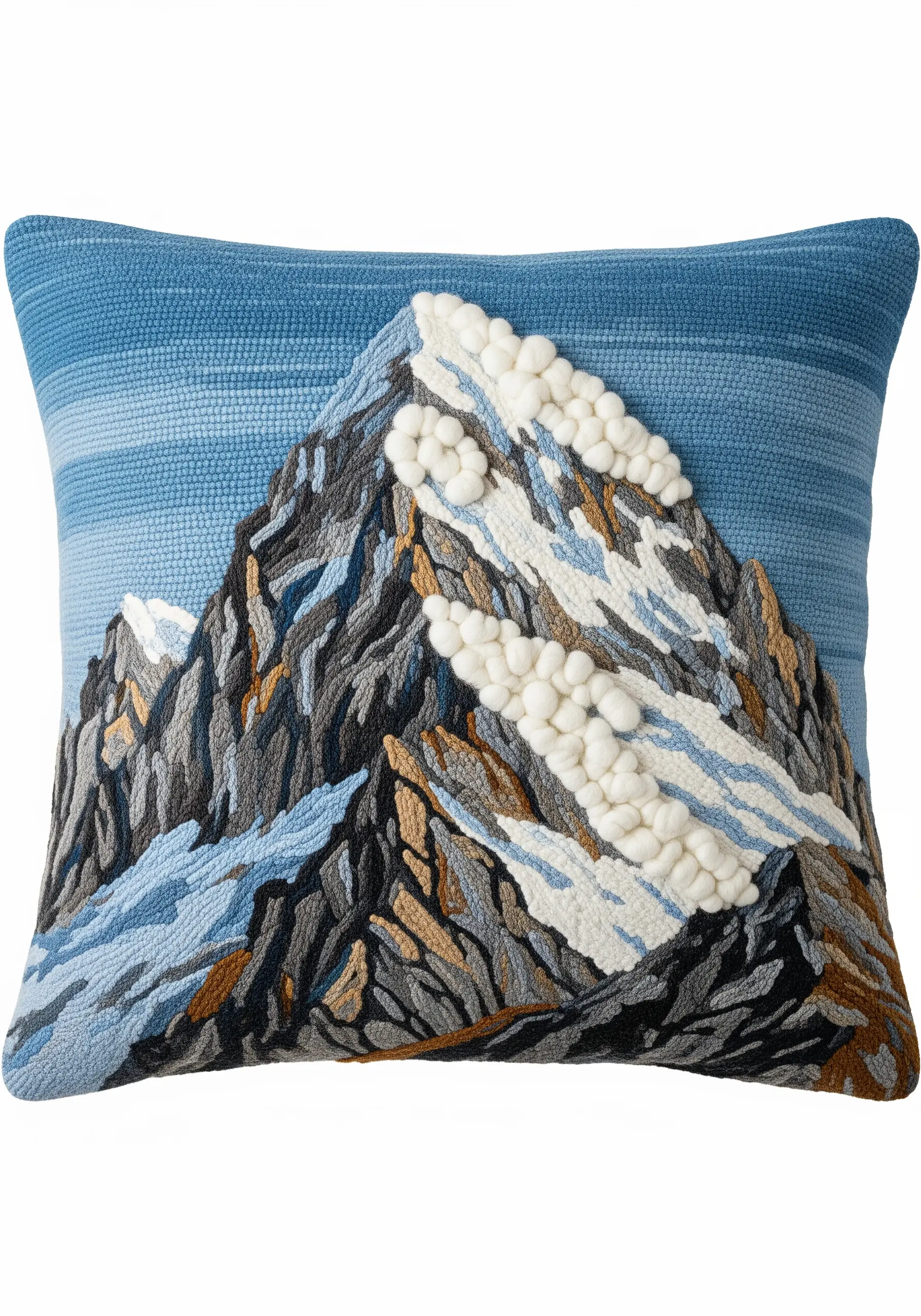 Embroidered mountain peak with highly textured, fluffy white wool for the snow.