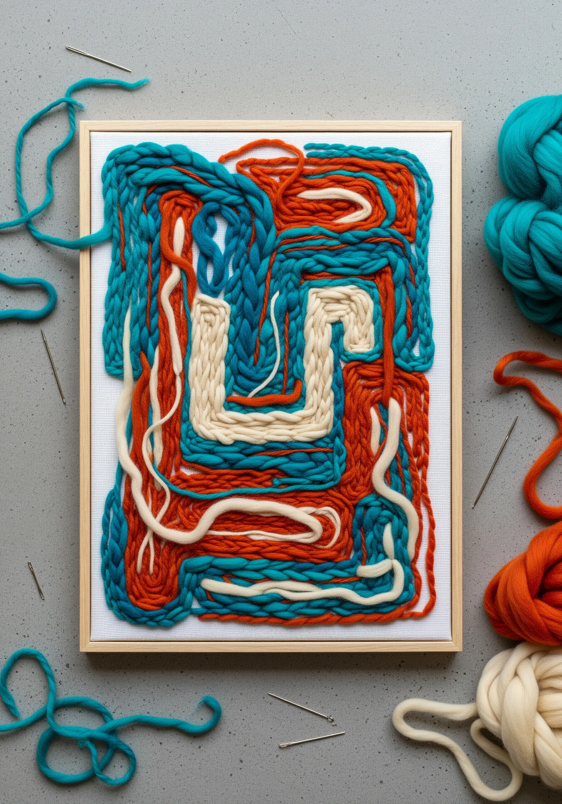 Chunky yarn embroidery couched in abstract labyrinth shapes on canvas