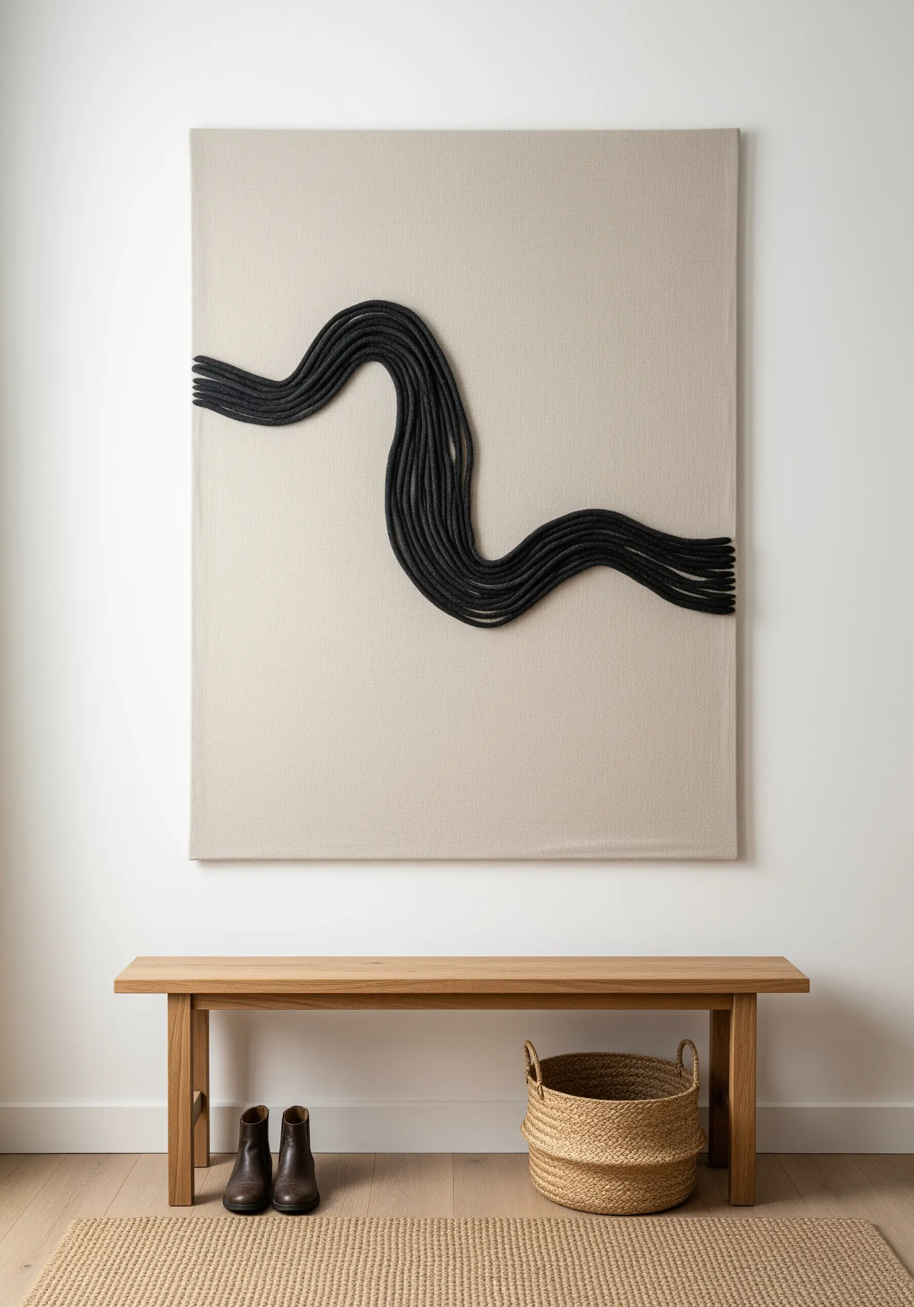 A minimalist art piece featuring a thick, sculptural black yarn wave on a plain beige canvas.