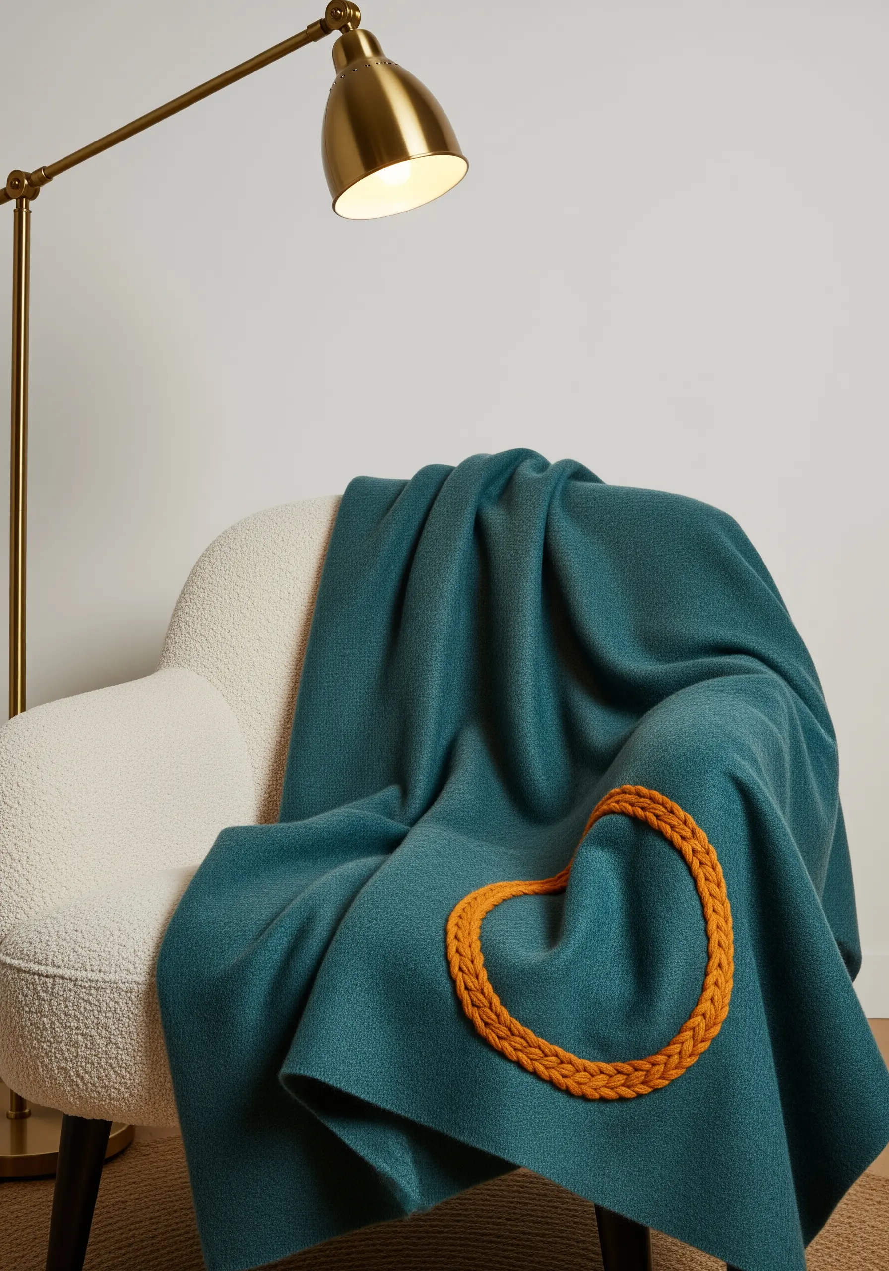 A thick, braided orange yarn circle embroidered onto a teal wool throw blanket.