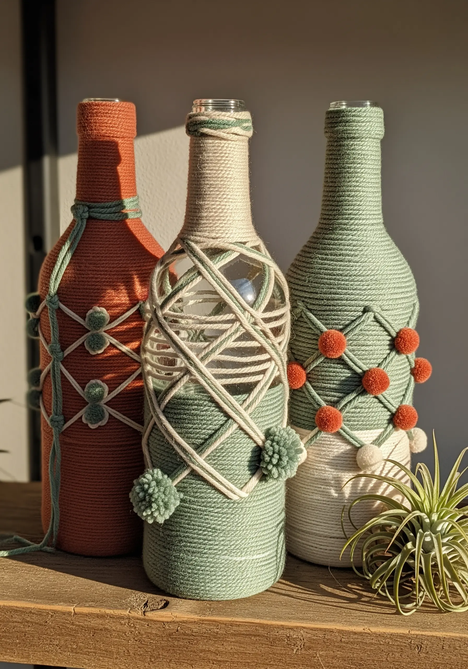 Glass bottles wrapped in orange, green, and cream yarn with decorative knots.