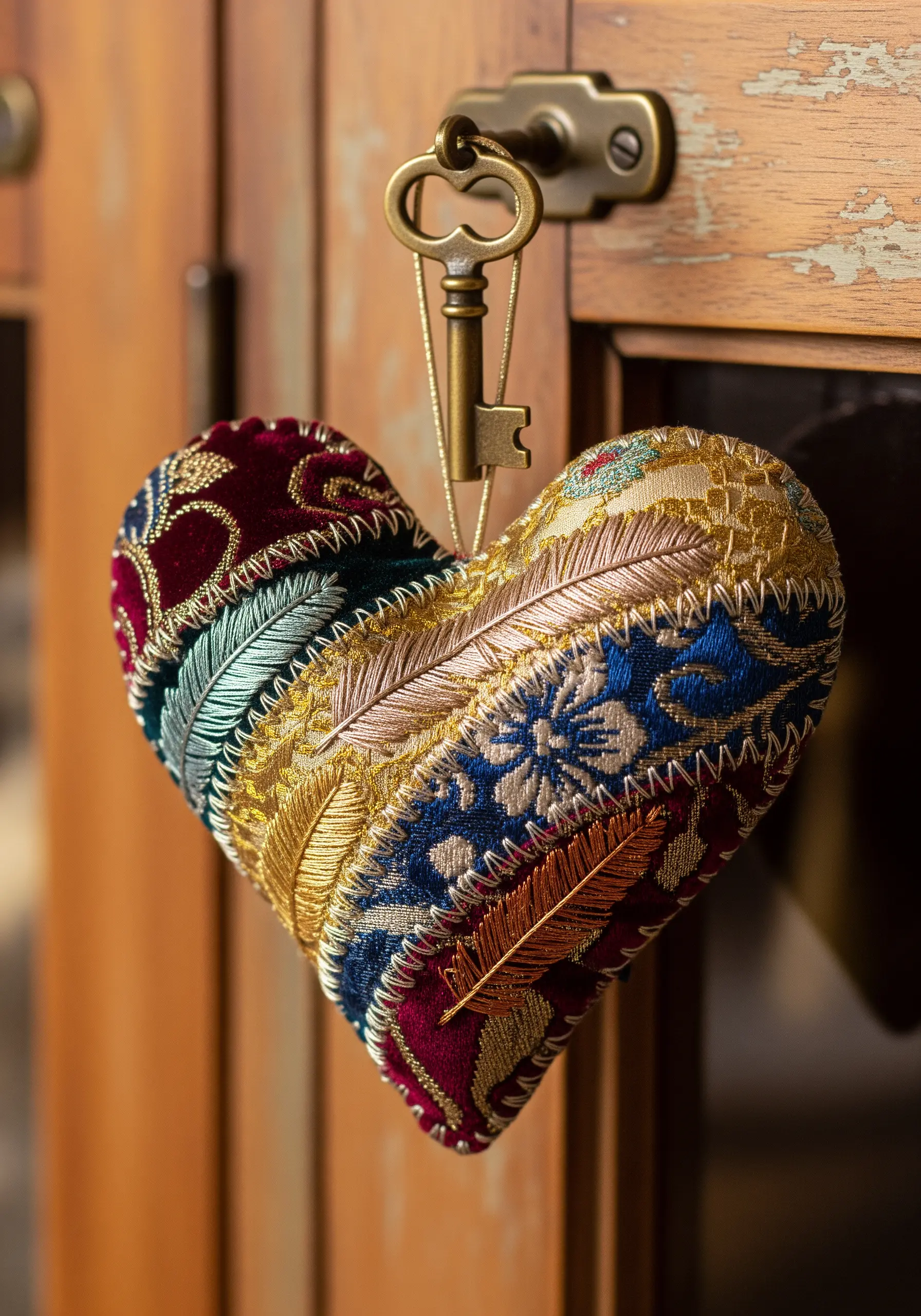 Heart ornament with crazy quilt patchwork and embroidery stitches