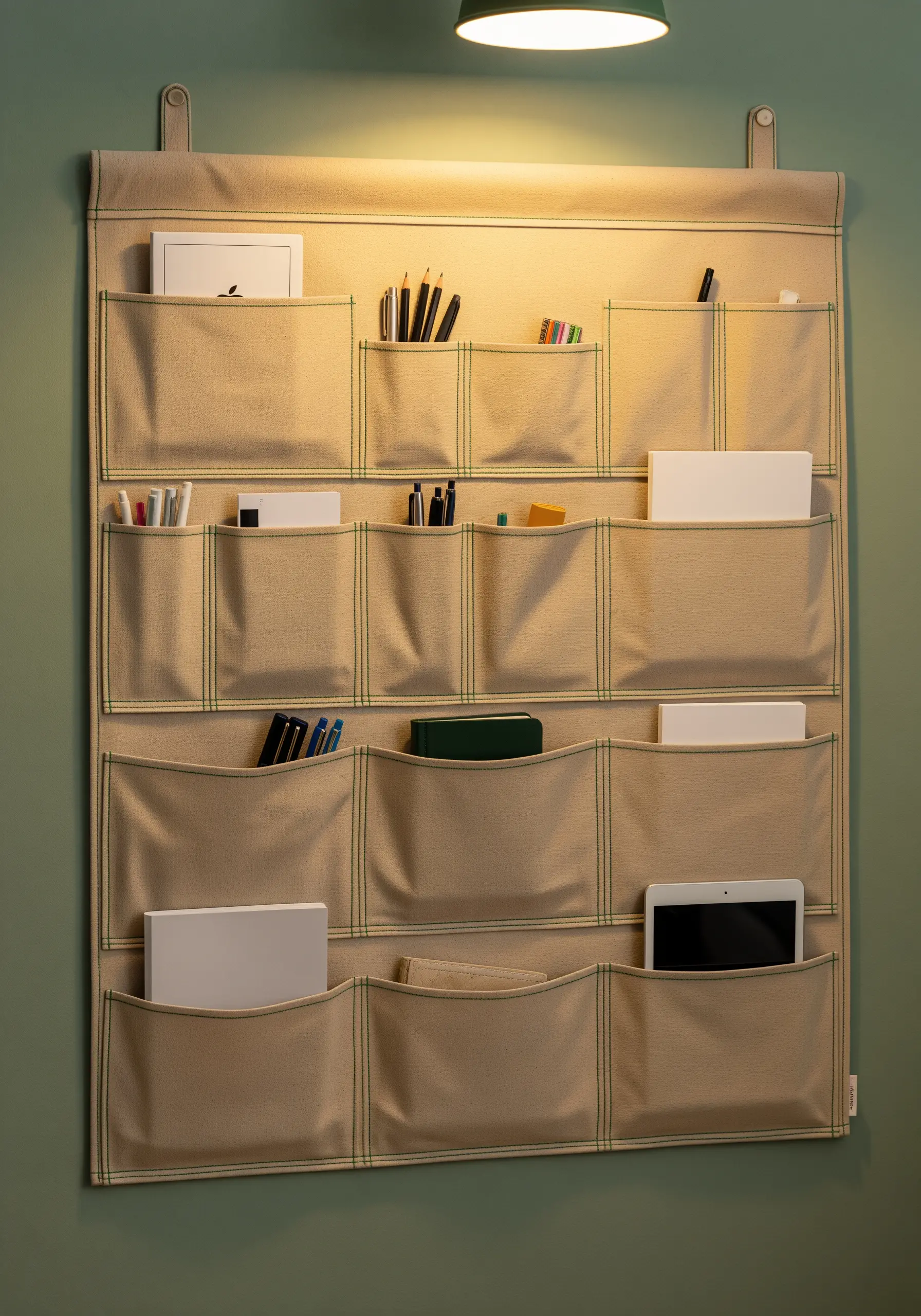 A beige canvas wall organizer with all seams and pockets outlined in green thread.