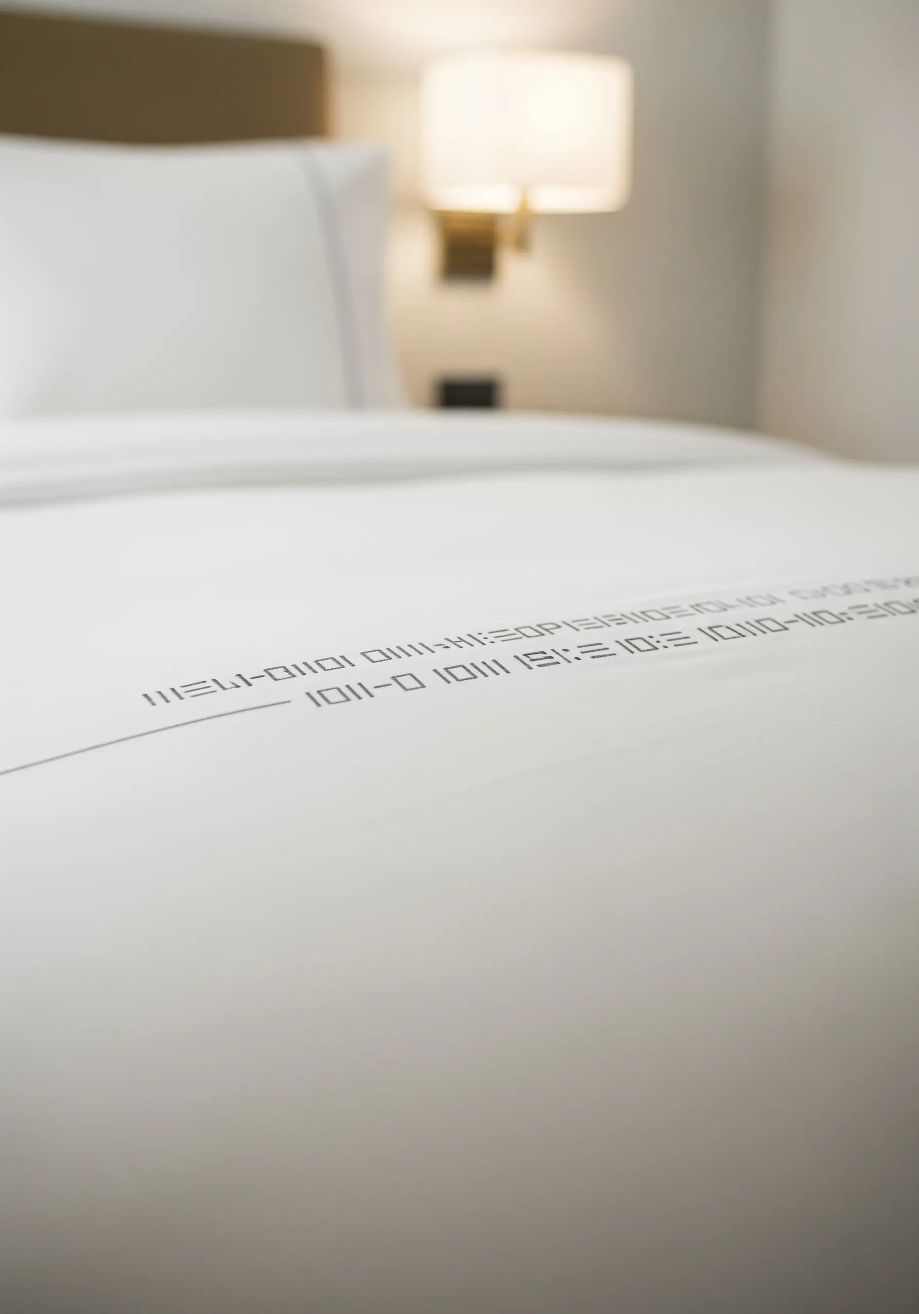 A line of binary code embroidered in grey thread on a white duvet.