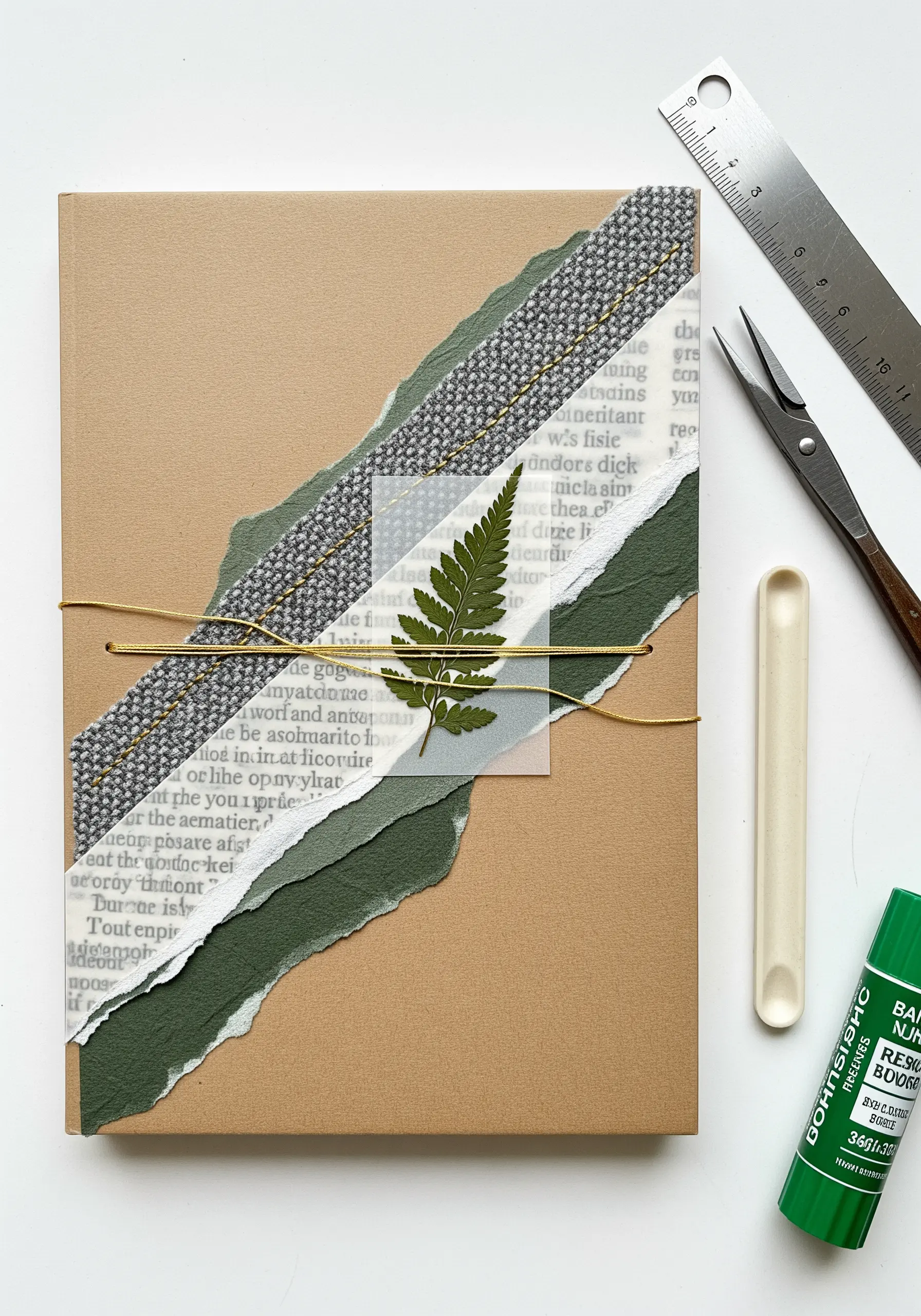 Layered paper collage on a journal cover with a pressed fern stitched down with gold thread.