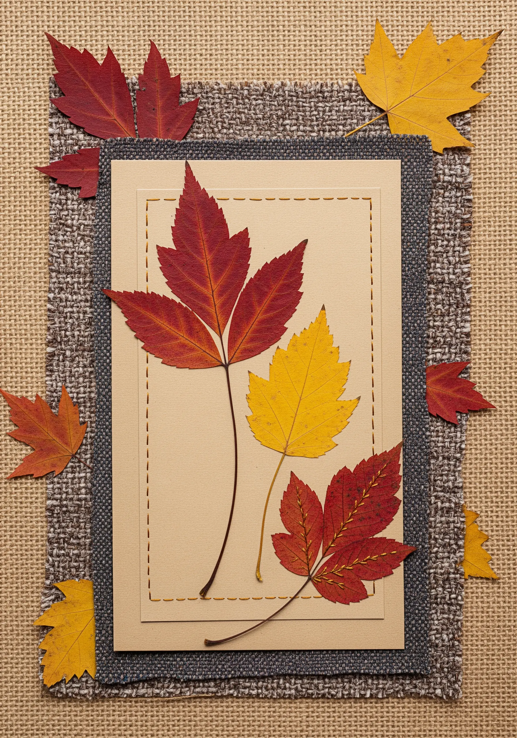 A collage of pressed autumn leaves on paper, secured with subtle, matching thread stitches.