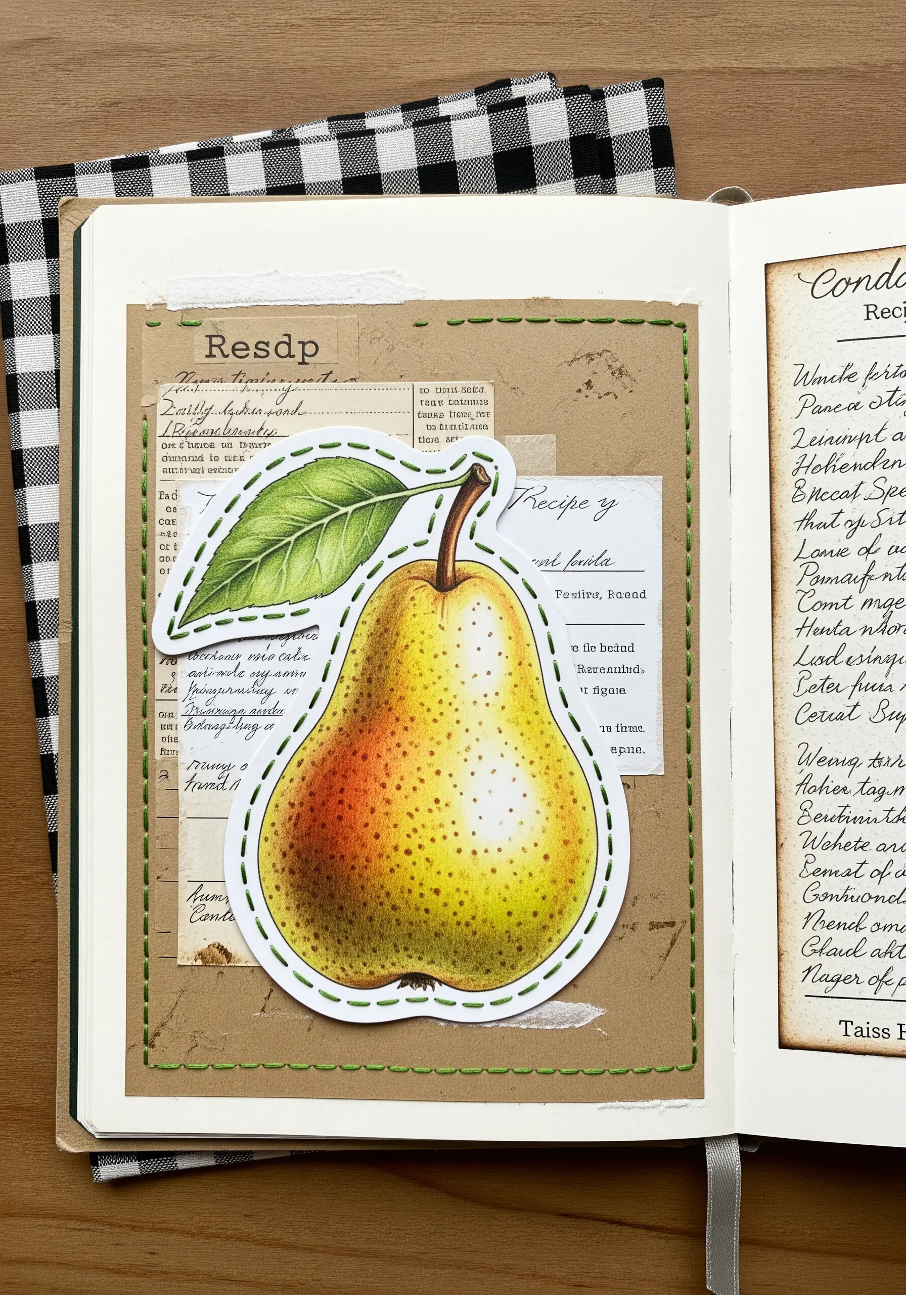A paper pear illustration stitched onto a journal page with a green running stitch.
