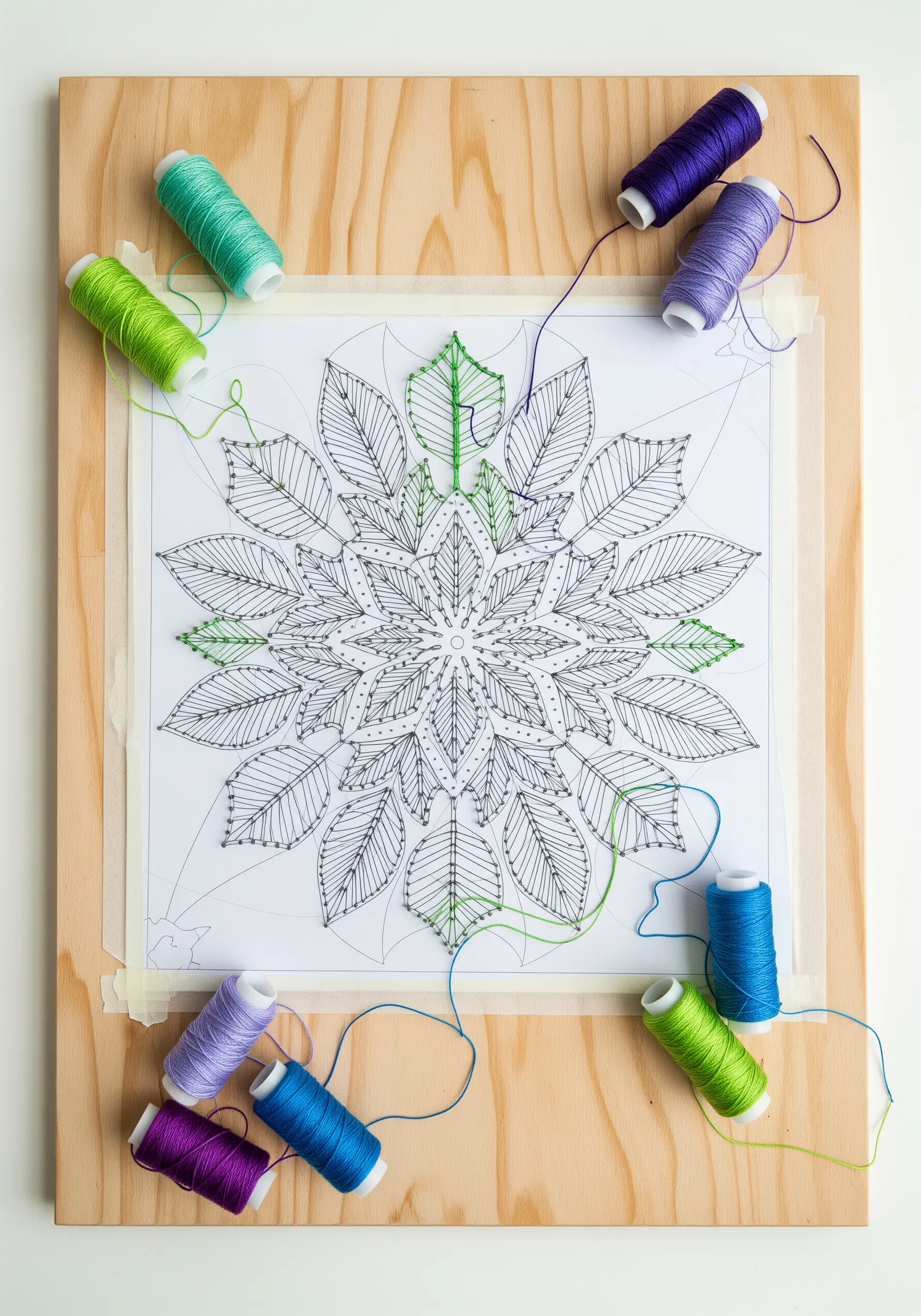 A paper pattern for a leaf mandala is taped to a wooden board, with some stringing started.