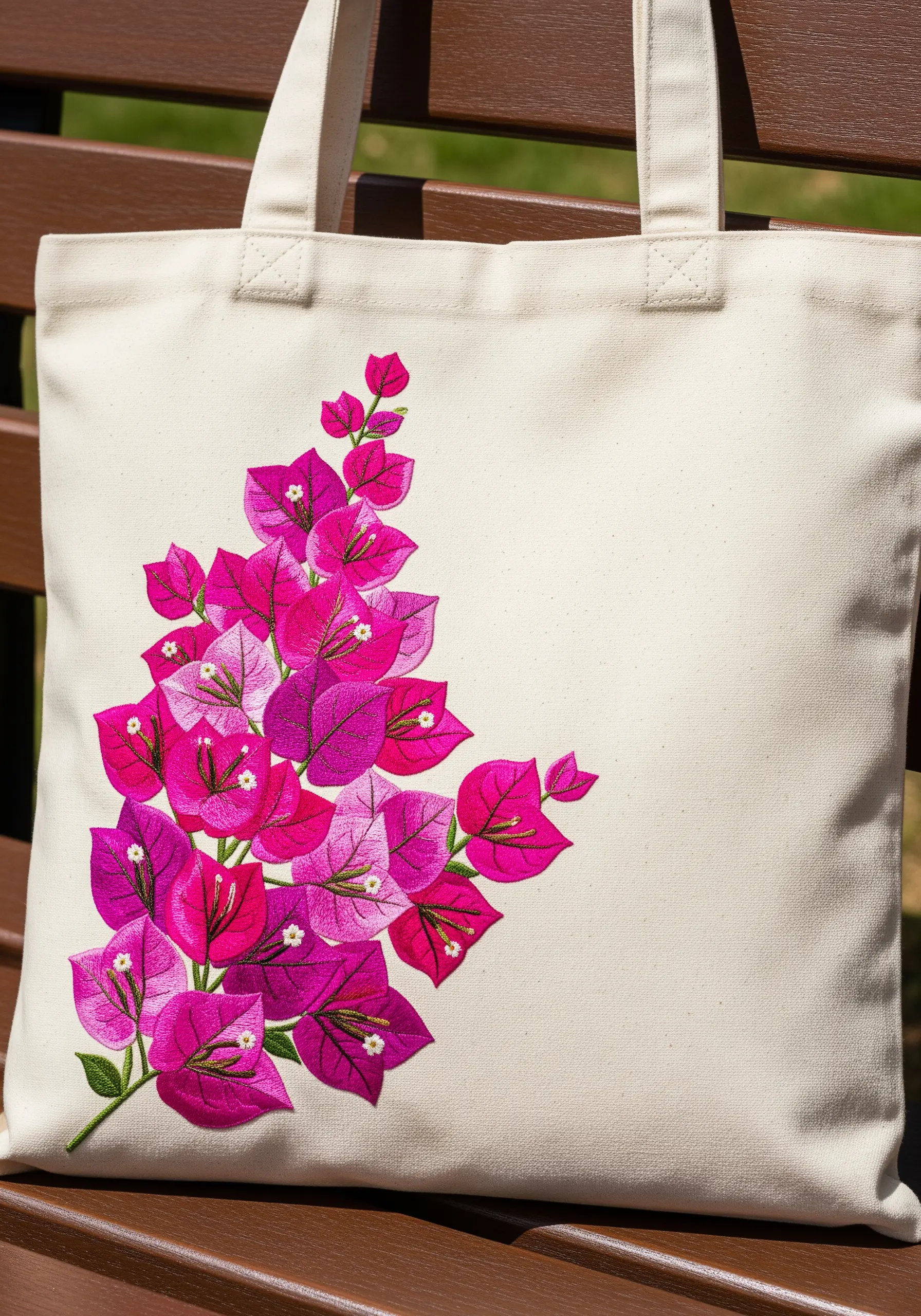 A canvas tote bag with a vibrant, satin-stitched bougainvillea design in shades of pink.