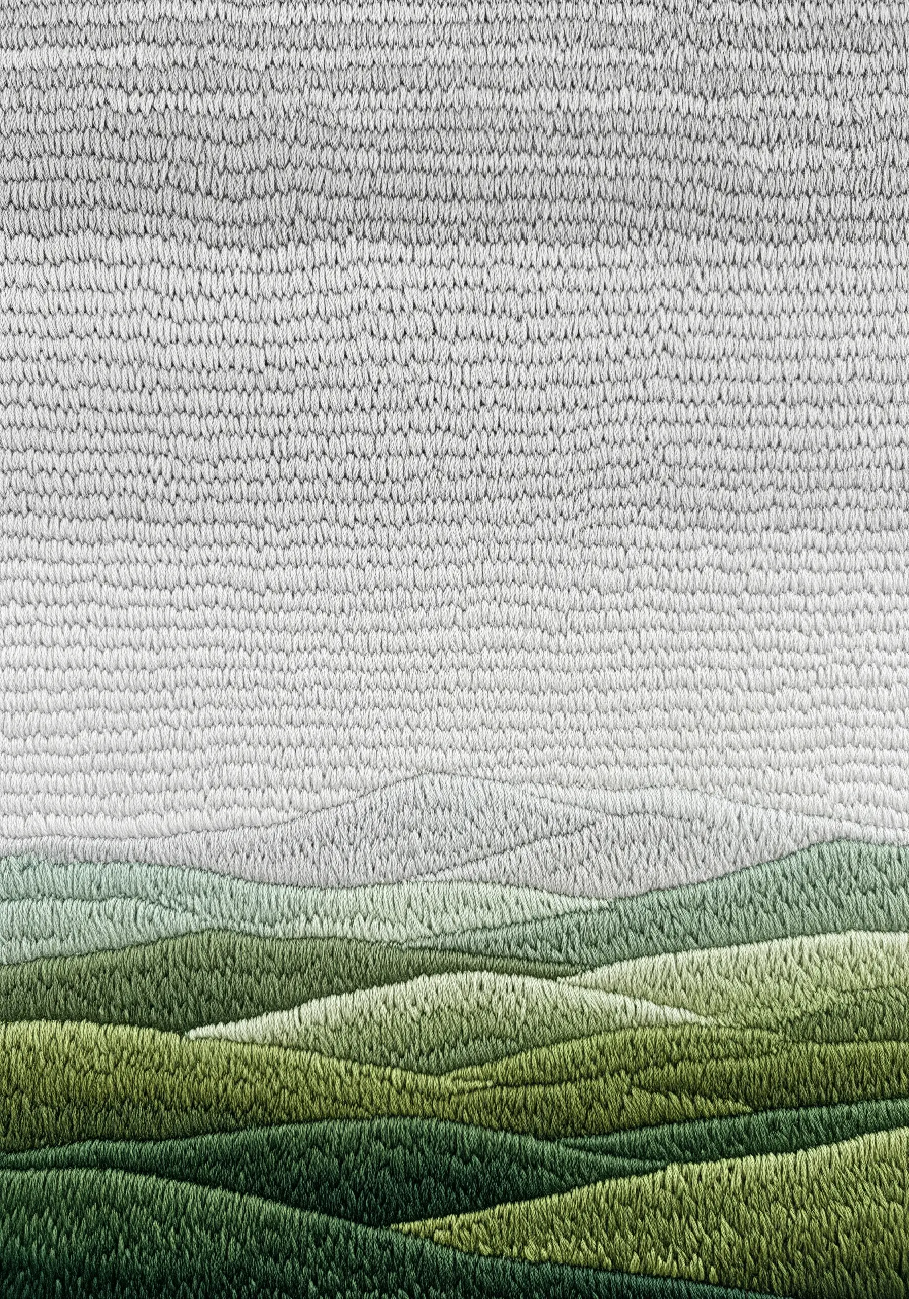 Textured gradient embroidery landscape with rolling green hills