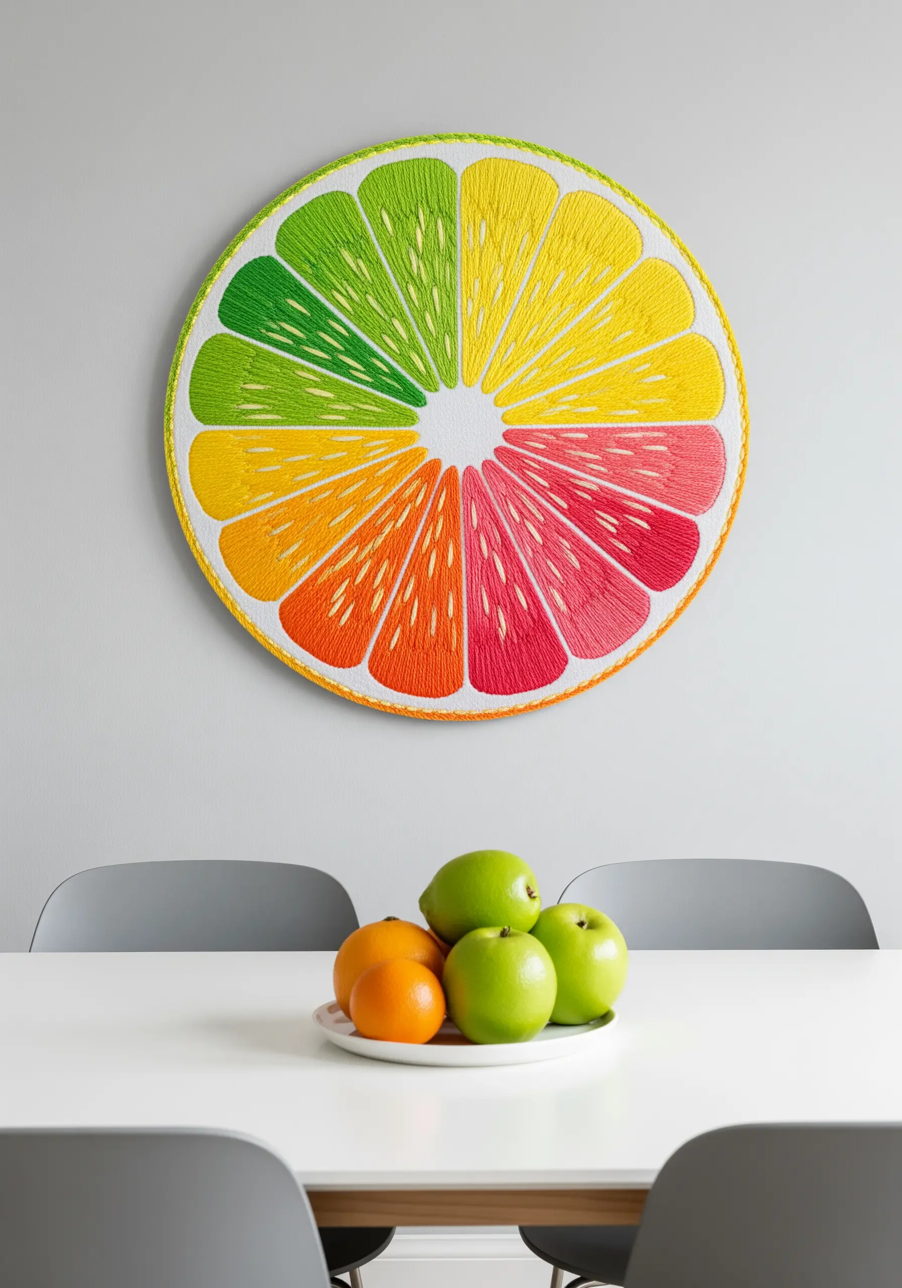 Large hoop art of a citrus slice with segments showing gradients of green, yellow, orange, and pink.