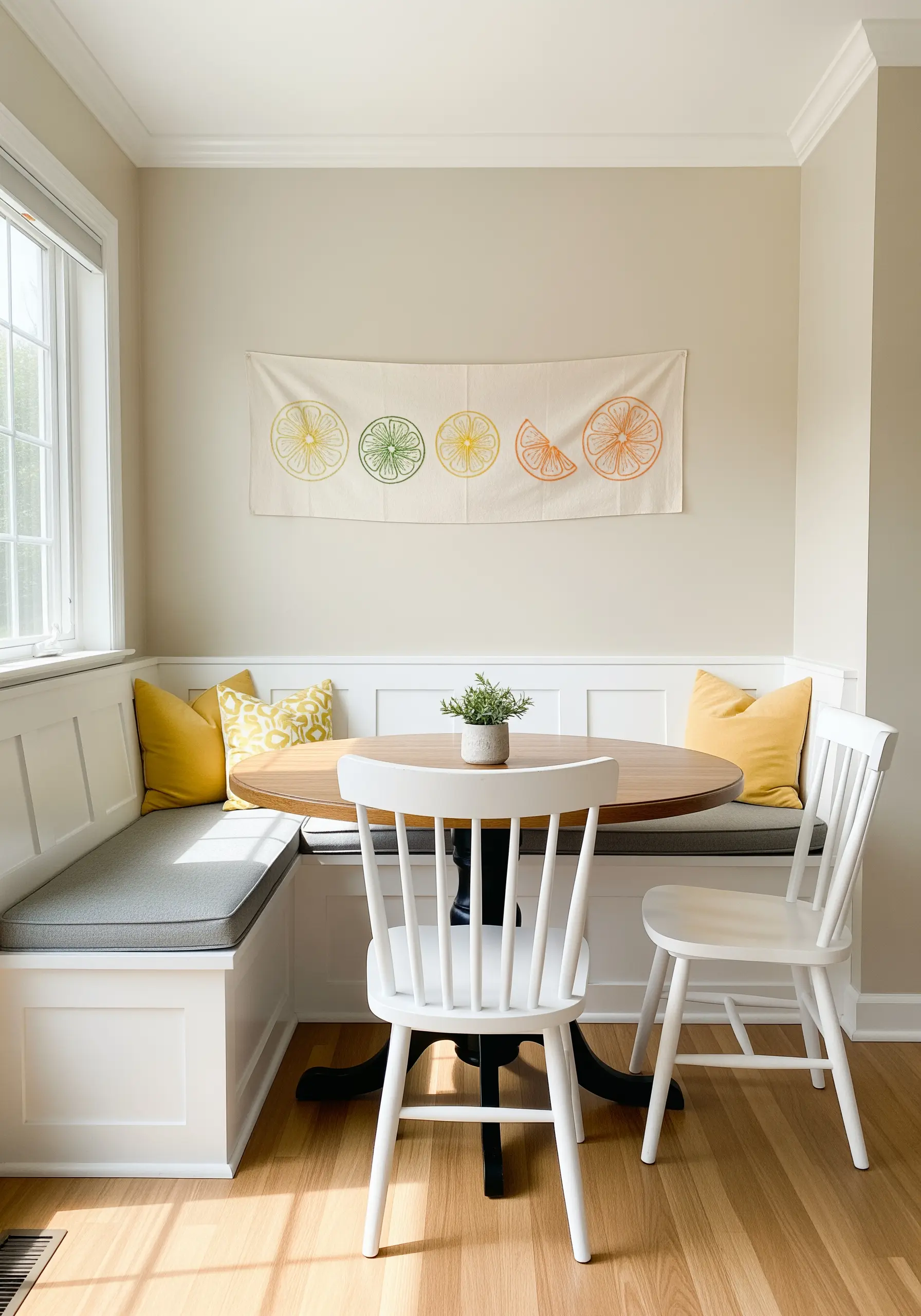 Horizontal fabric banner with embroidered citrus slices in yellow, green, and orange