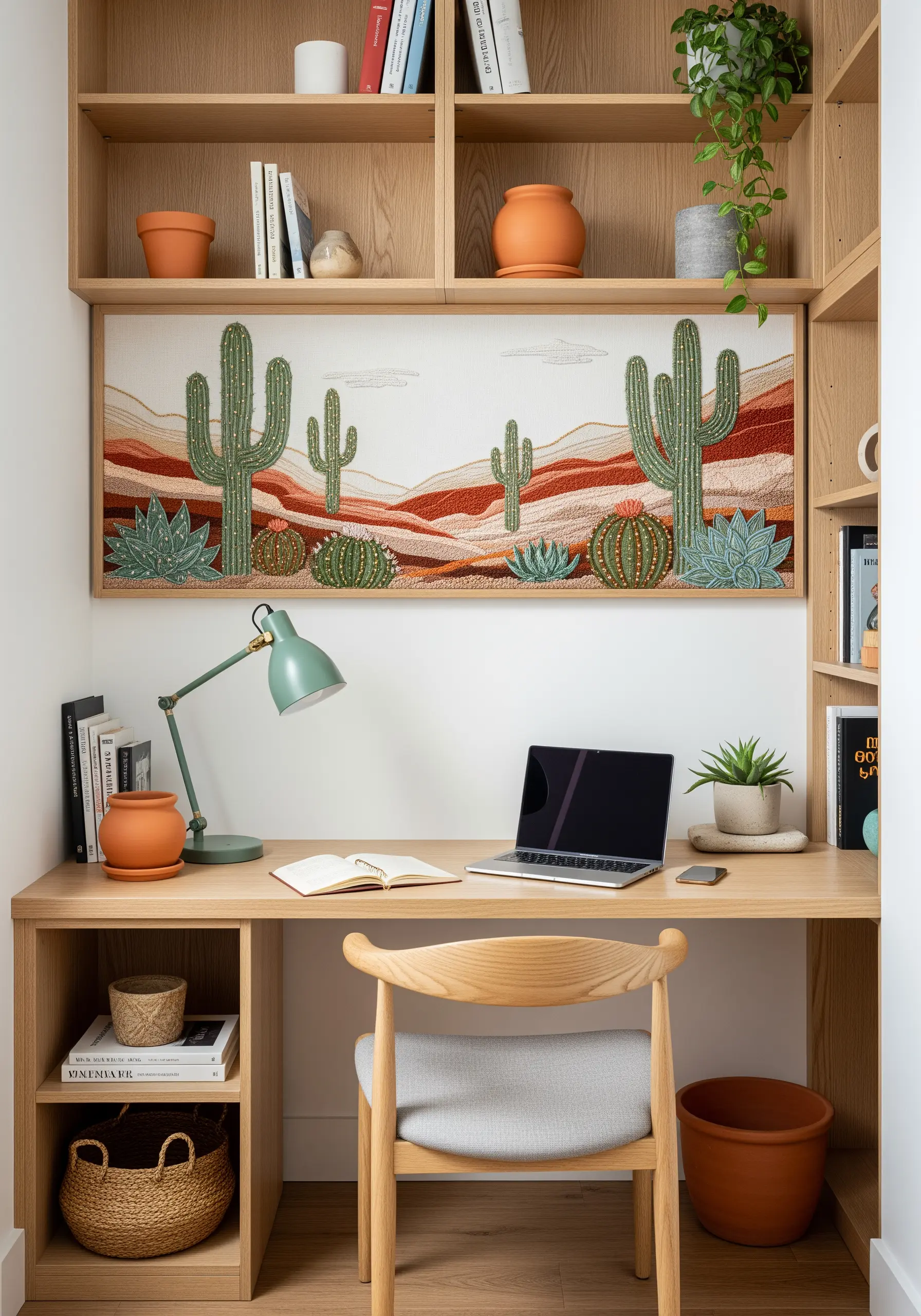 A desert landscape embroidery with cacti and rolling hills in earthy tones, placed in a bookshelf.