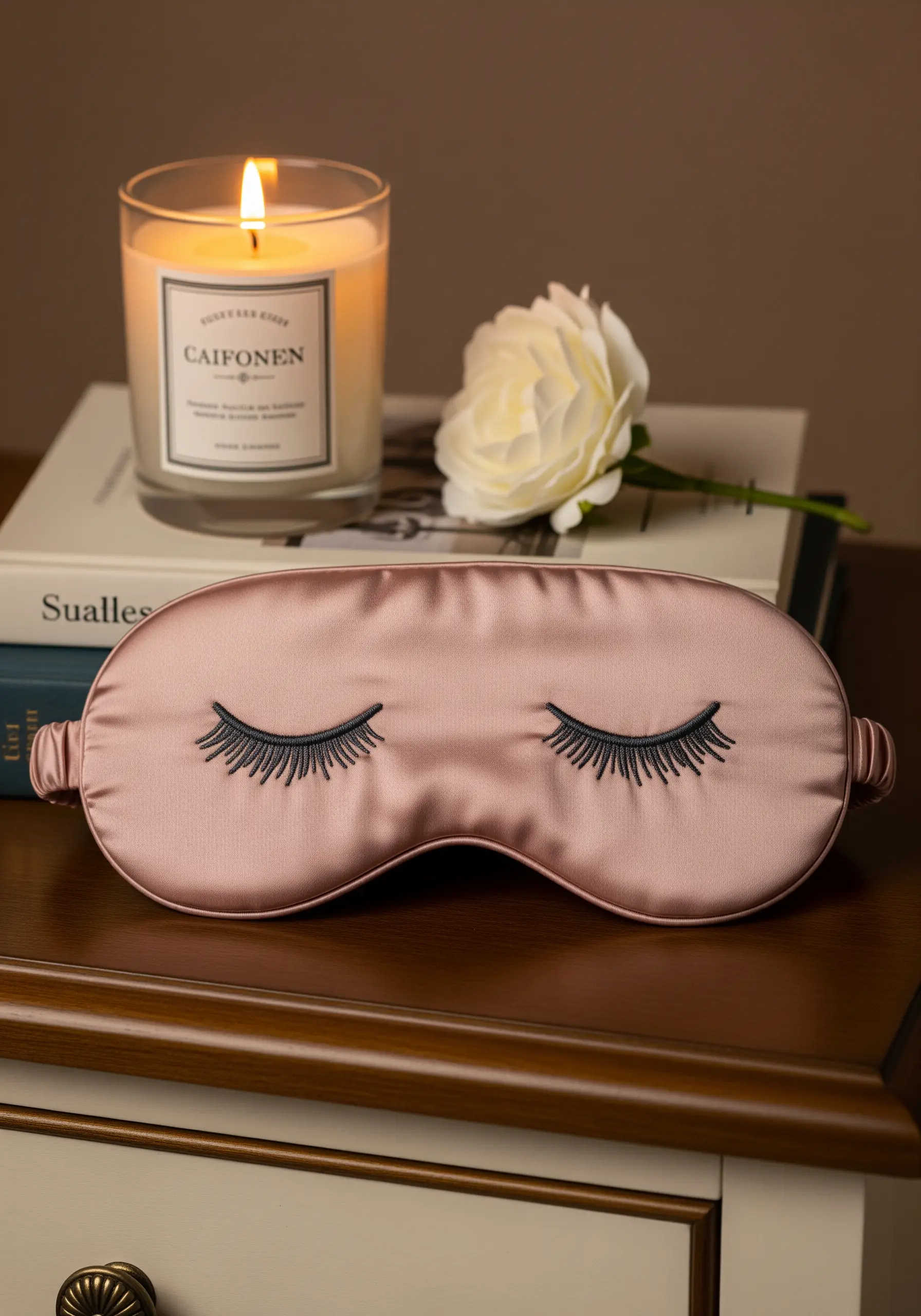 Pink silk sleep mask with simple, elegant black embroidered eyelashes.