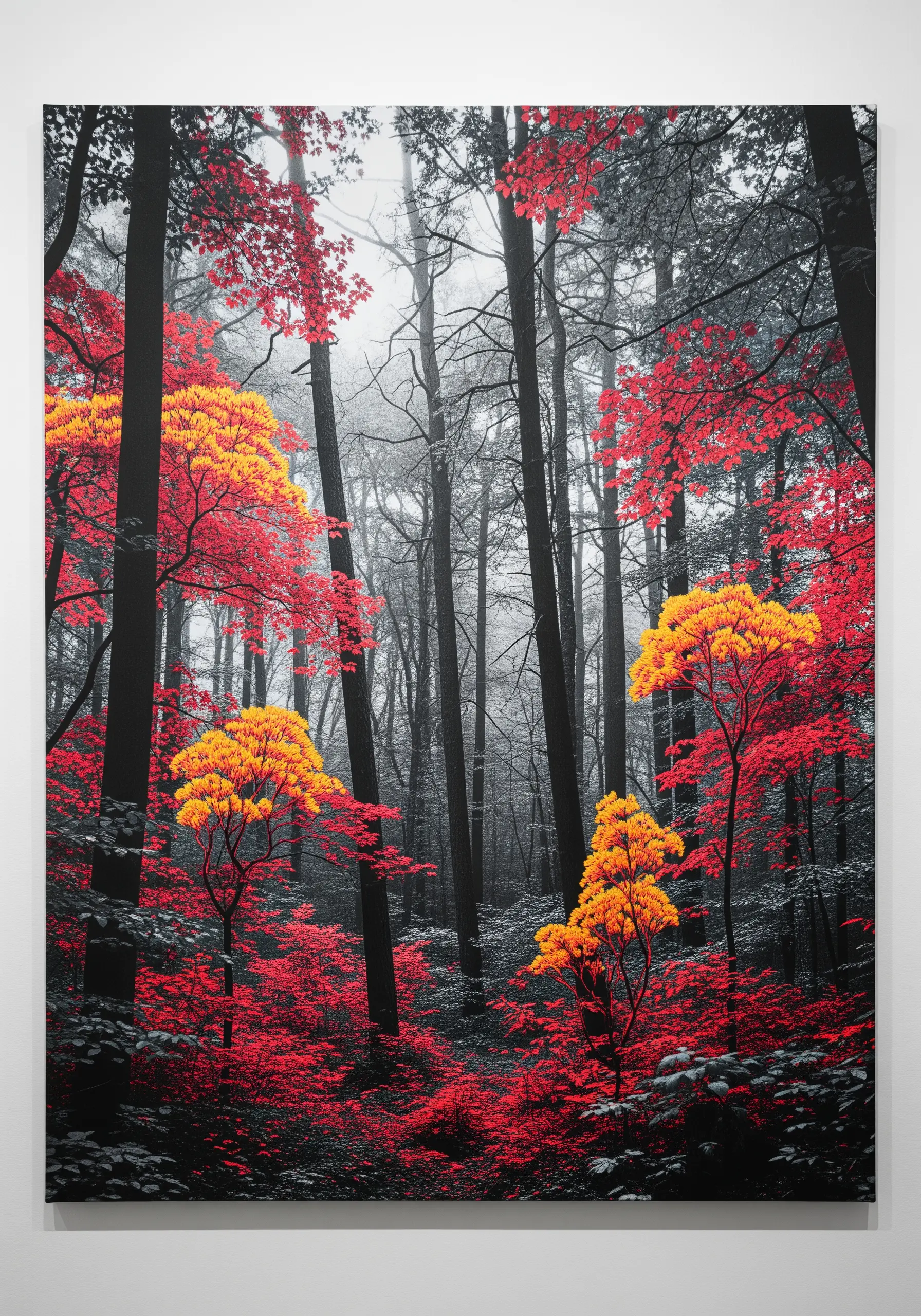 Black and white forest photo on canvas with embroidered red maple leaves