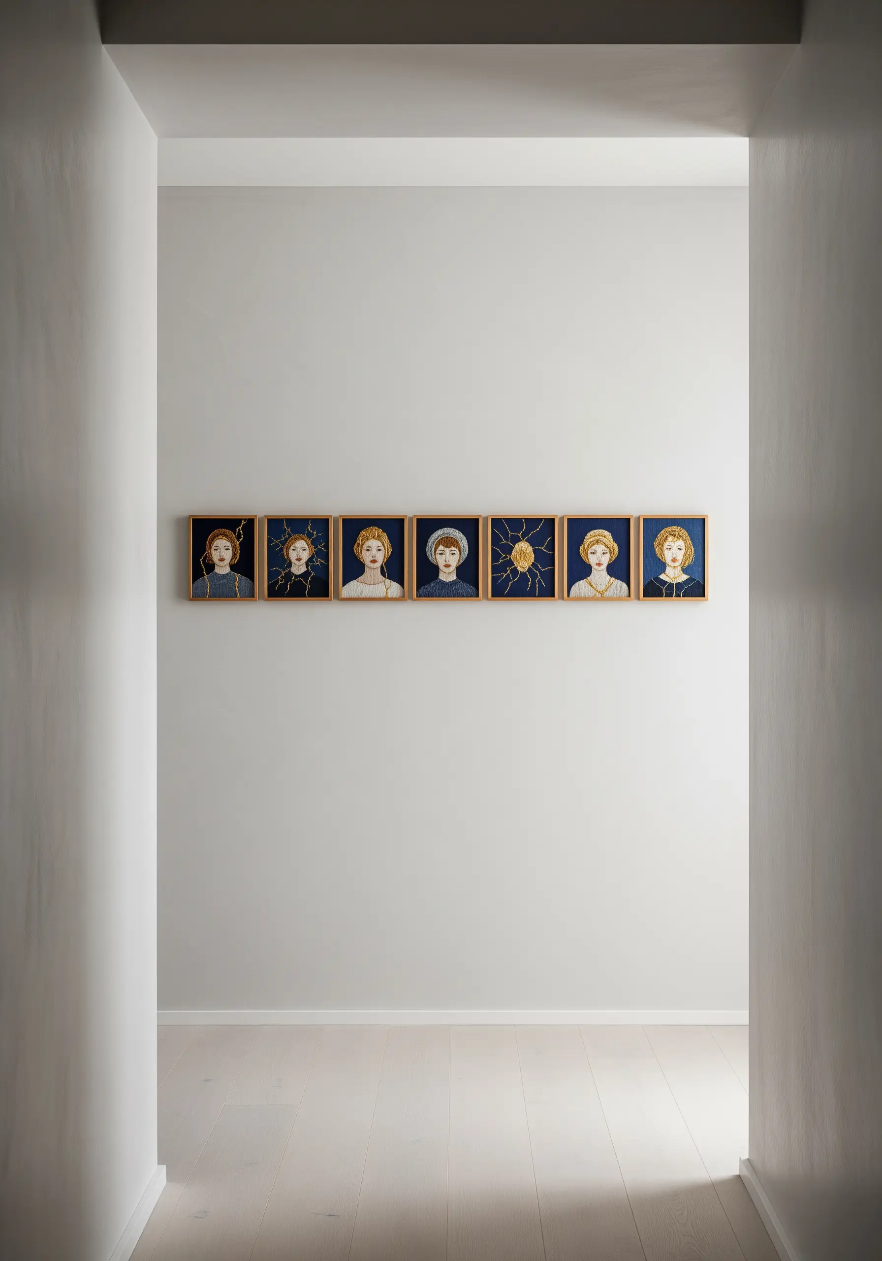 A horizontal row of seven small, framed embroidered portraits against a minimalist white wall.