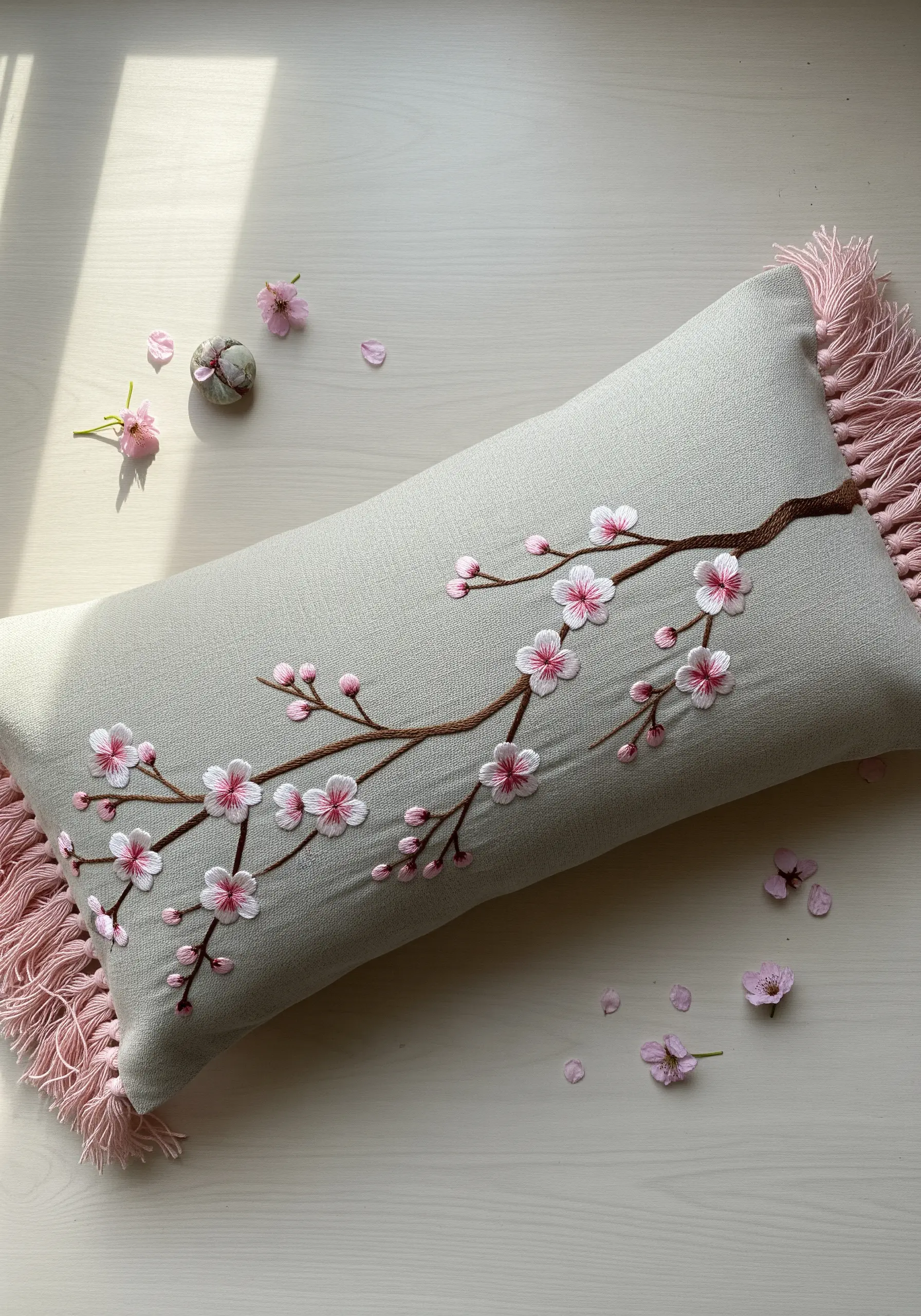 Delicate embroidery of a cherry blossom branch on a gray pillow with pink fringe.