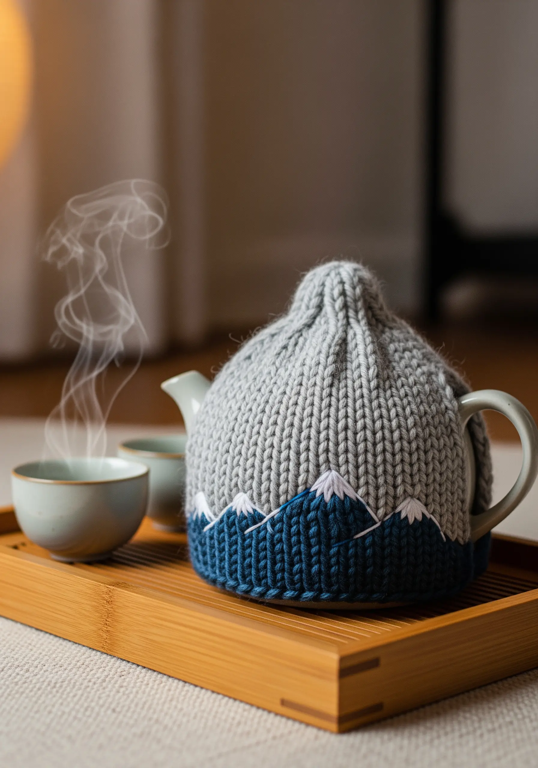 A knitted teapot cozy with a simple embroidered mountain range in white thread.