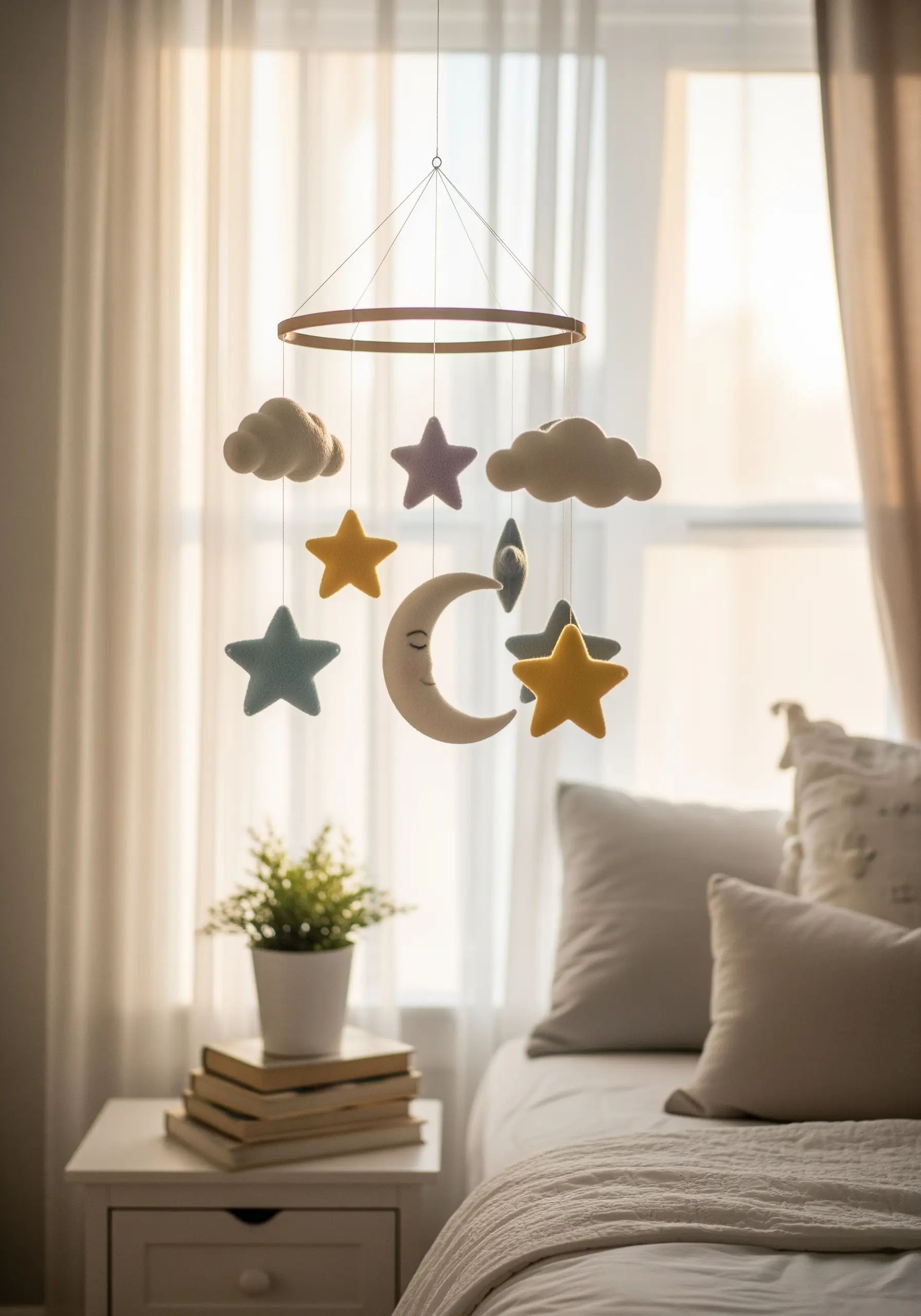 A handmade felt mobile with clouds, stars, and a moon hanging over a bed.