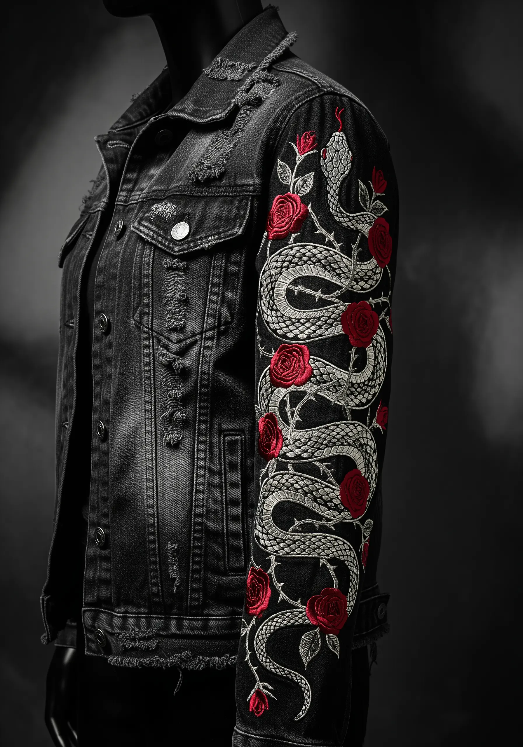 A white snake and red roses embroidered down the sleeve of a black denim jacket.