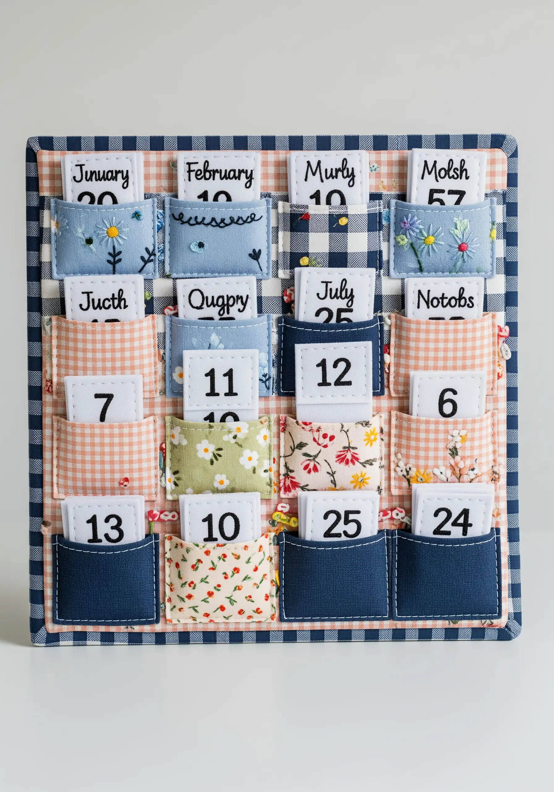 A handmade wall calendar with patchwork fabric pockets for each month or day.