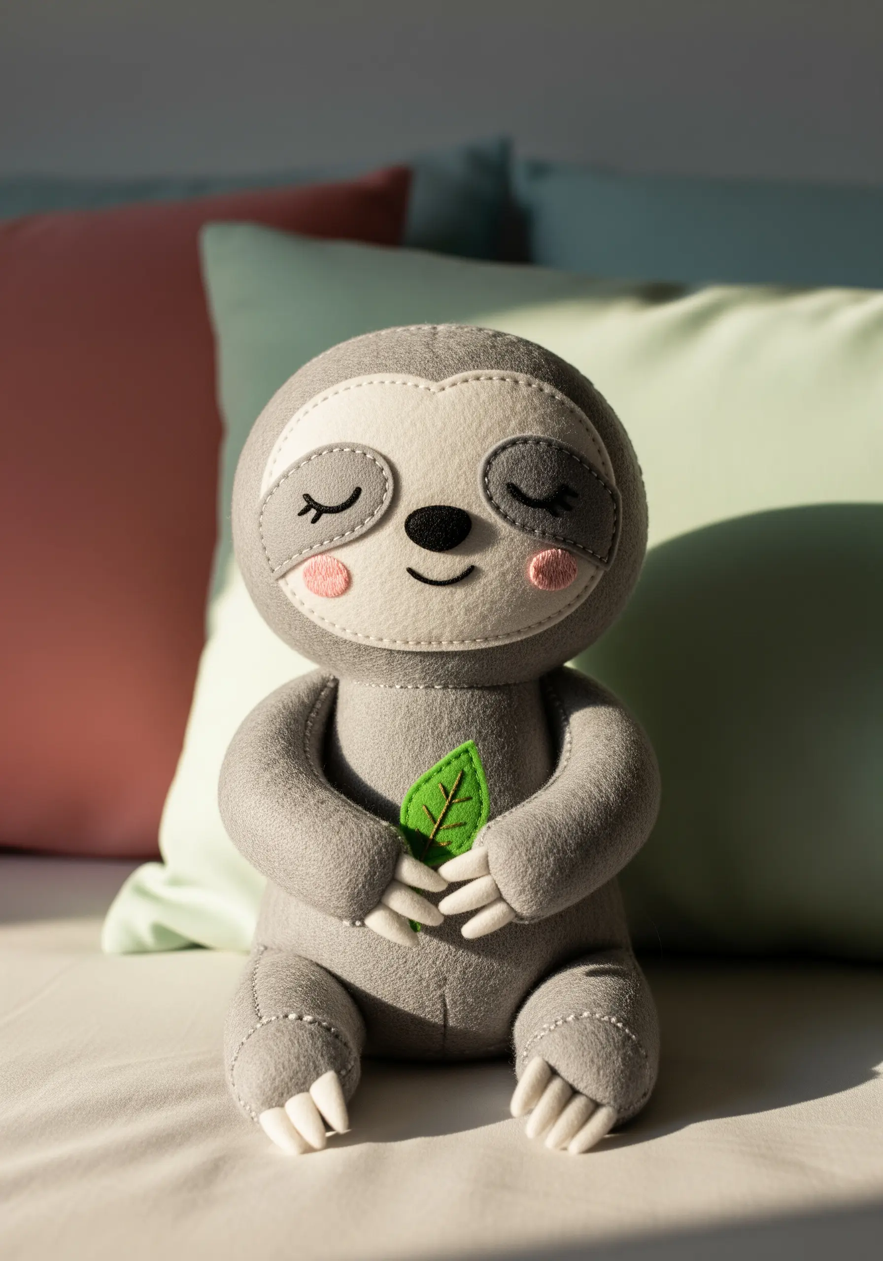 A hand-stitched grey felt sloth plush toy holding a small embroidered leaf.