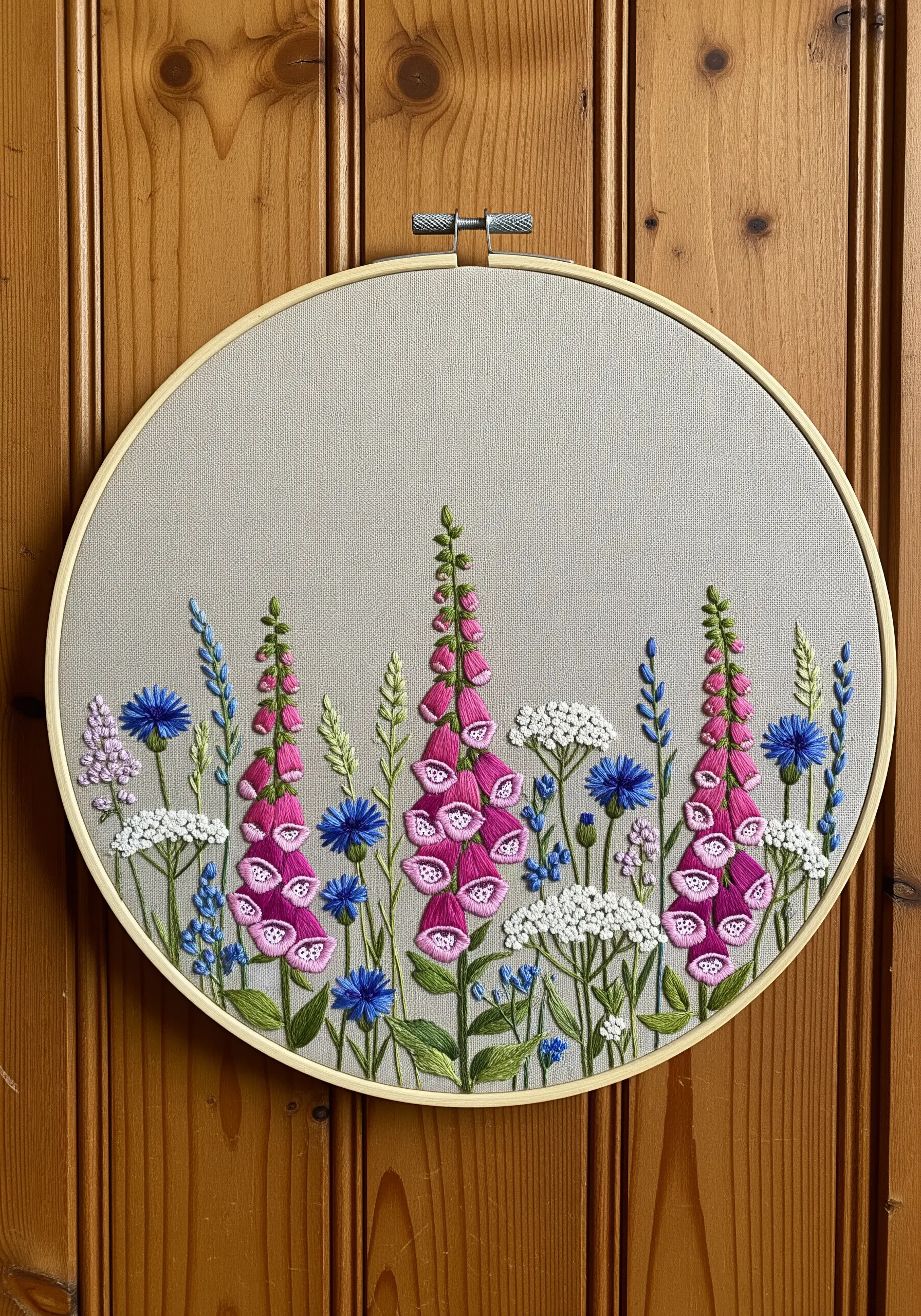 Detailed embroidery of pink foxgloves, blue cornflowers, and Queen Anne's Lace.
