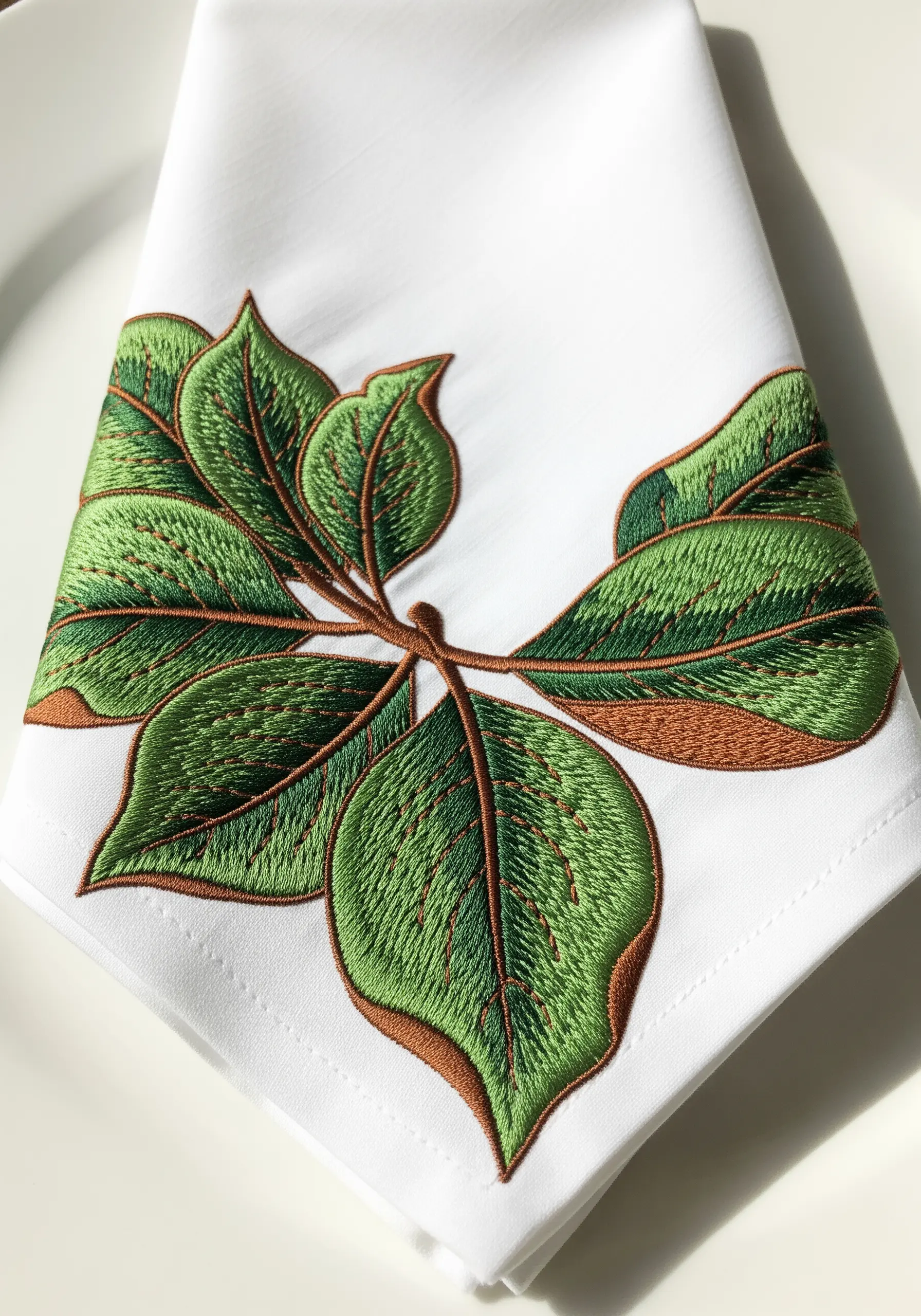 Magnolia leaves embroidered with green satin stitch and brown outlines.
