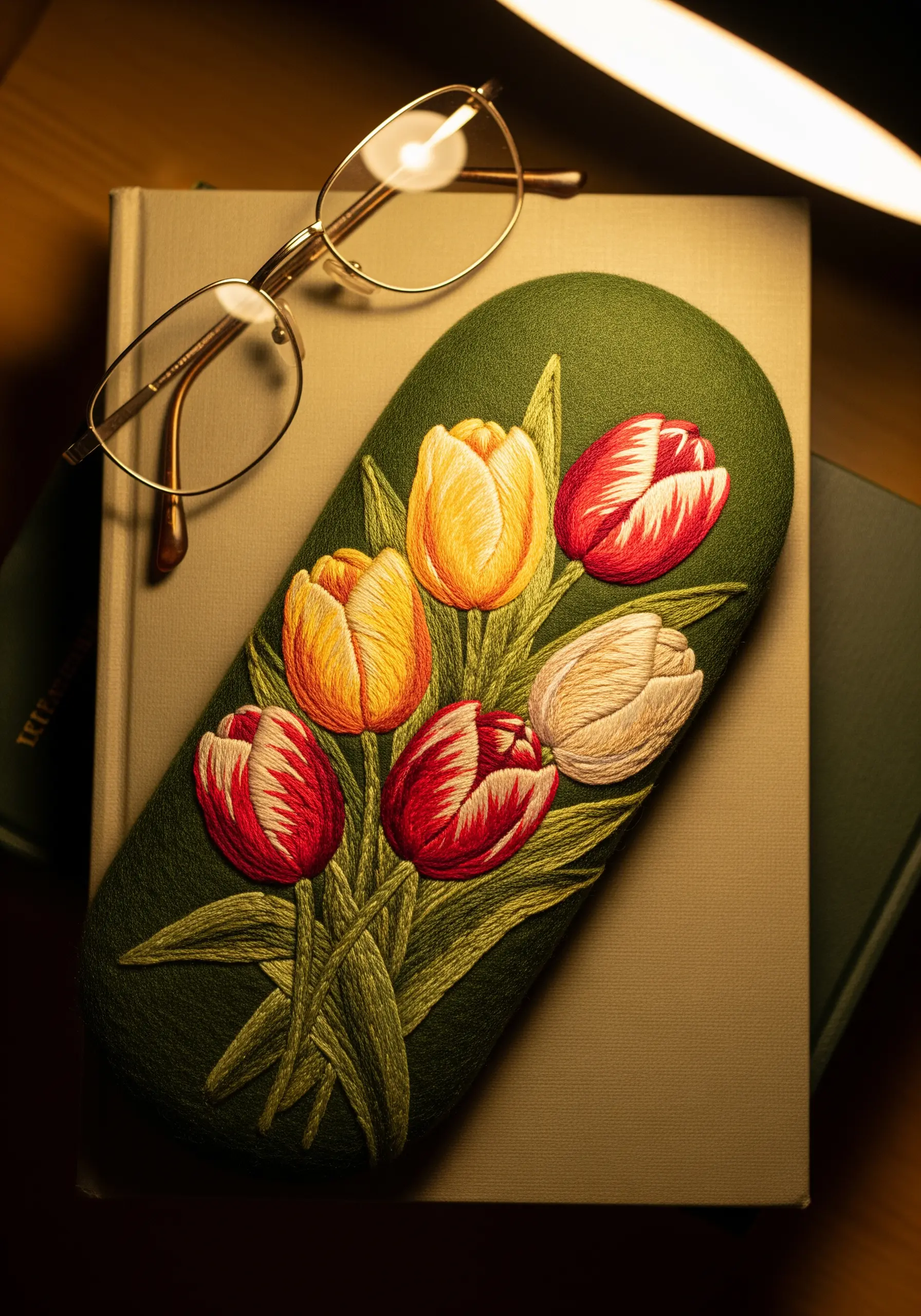 A felt eyeglass case featuring a bouquet of realistically shaded red and yellow tulips.