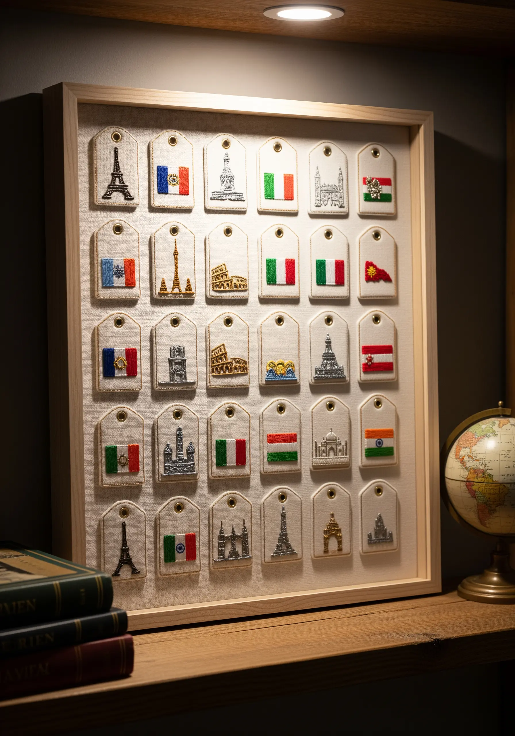 Shadow box display of embroidered luggage tags