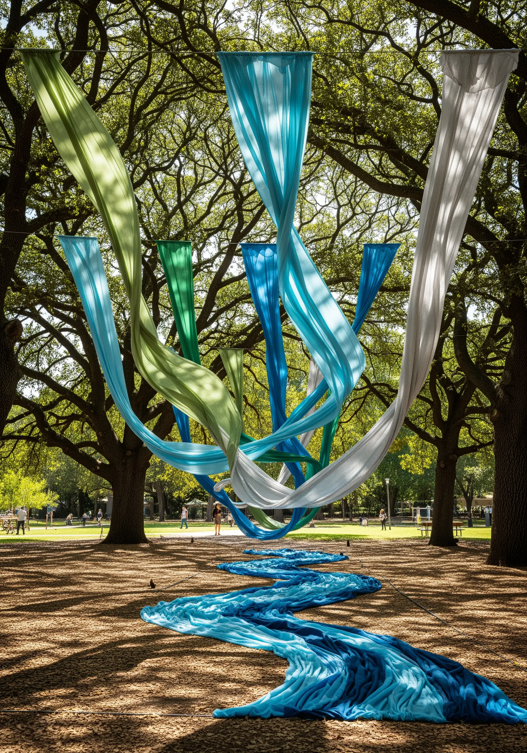 Long, flowing banners of green, blue, and white fabric draped between trees to resemble a river.