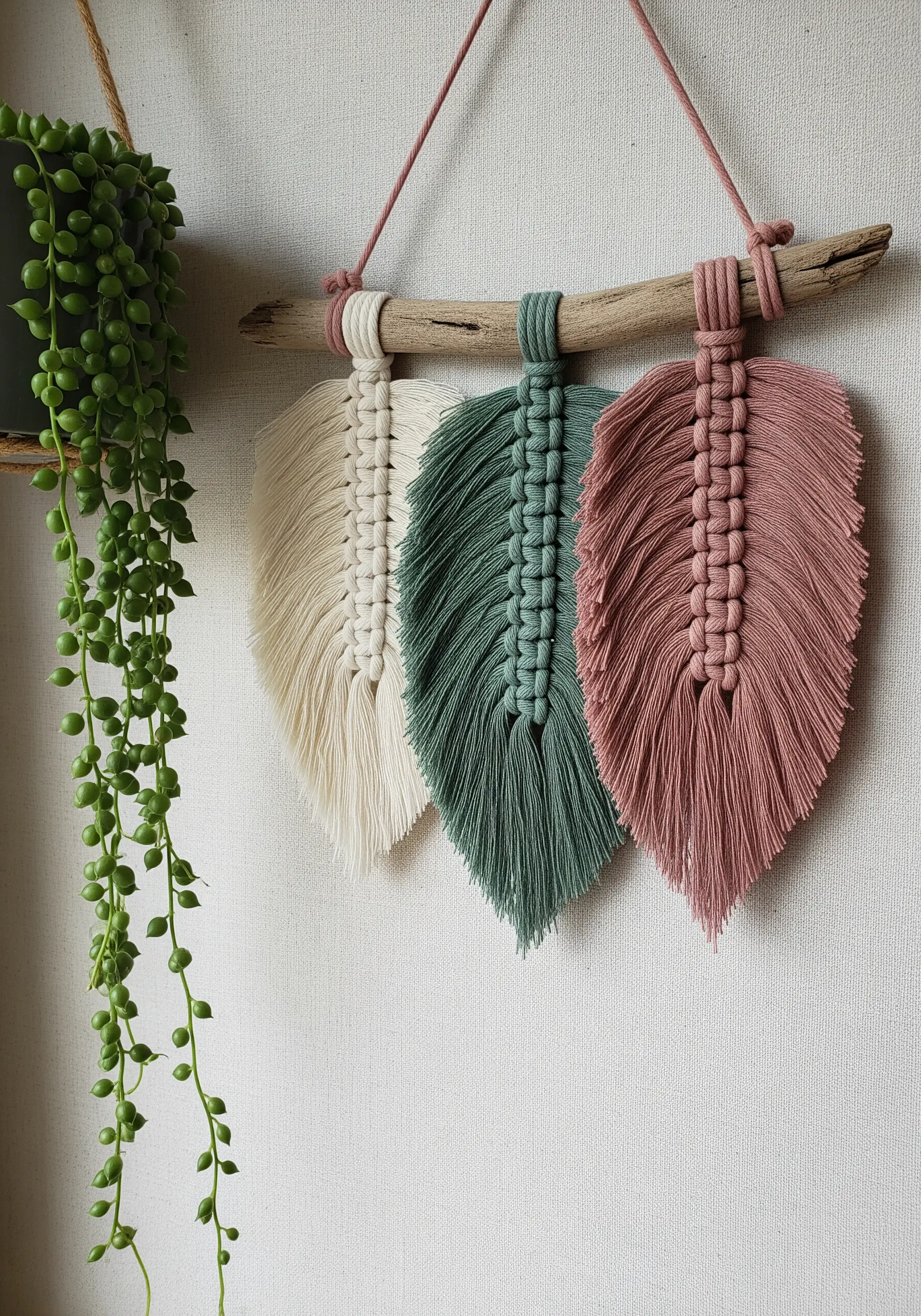 Three macrame leaves in cream, green, and pink hanging from a piece of driftwood.