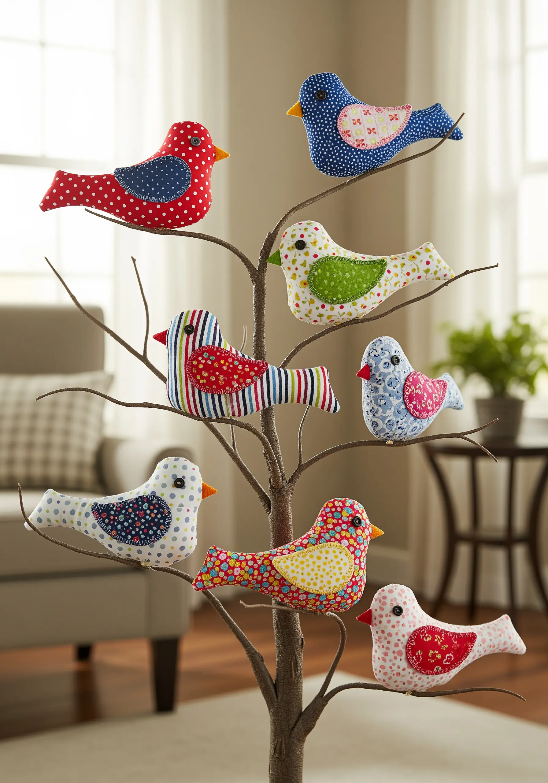 Tree display with colorful fabric birds and button eyes