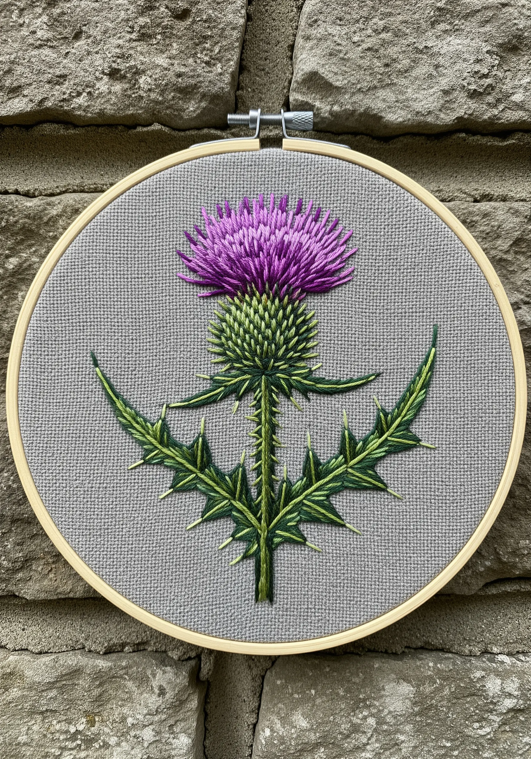 A detailed Scottish thistle embroidered with a fluffy purple flower head and spiky green leaves.